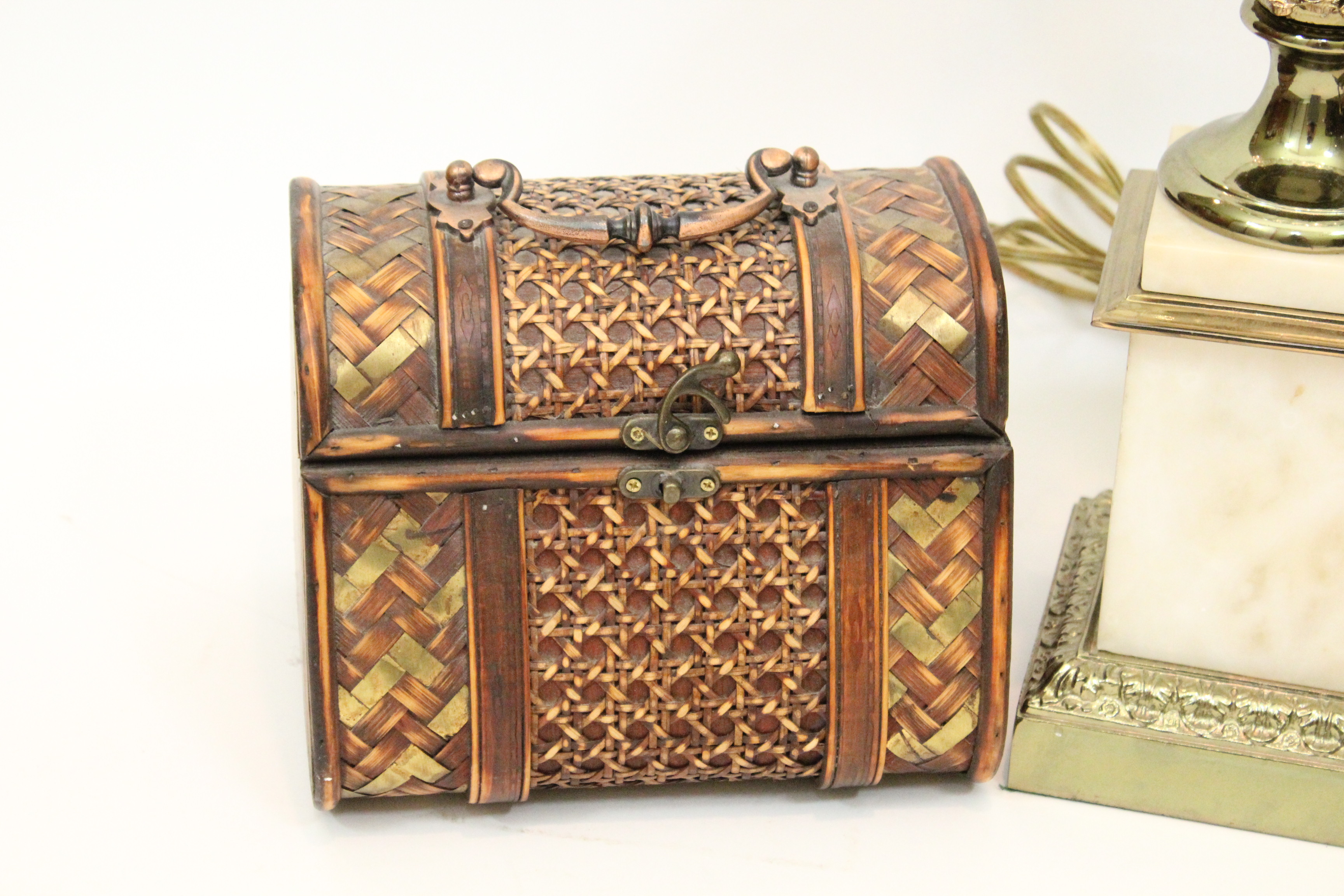 Marble Lamp, Wicker Gold Basket, and Crown Kettle