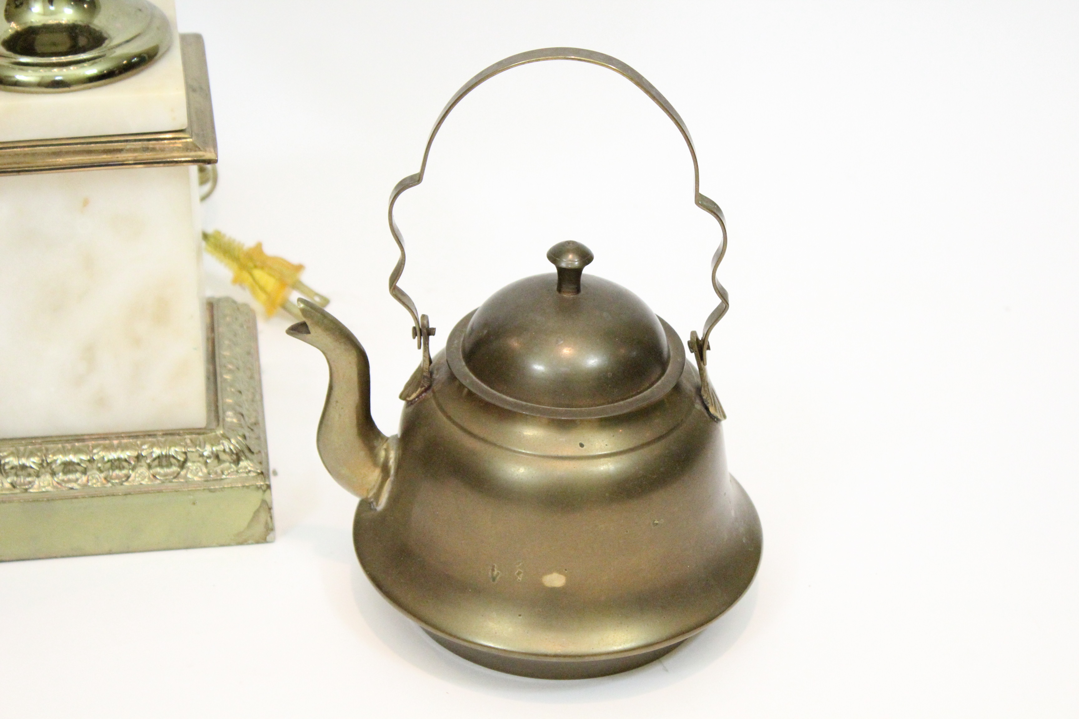 Marble Lamp, Wicker Gold Basket, and Crown Kettle