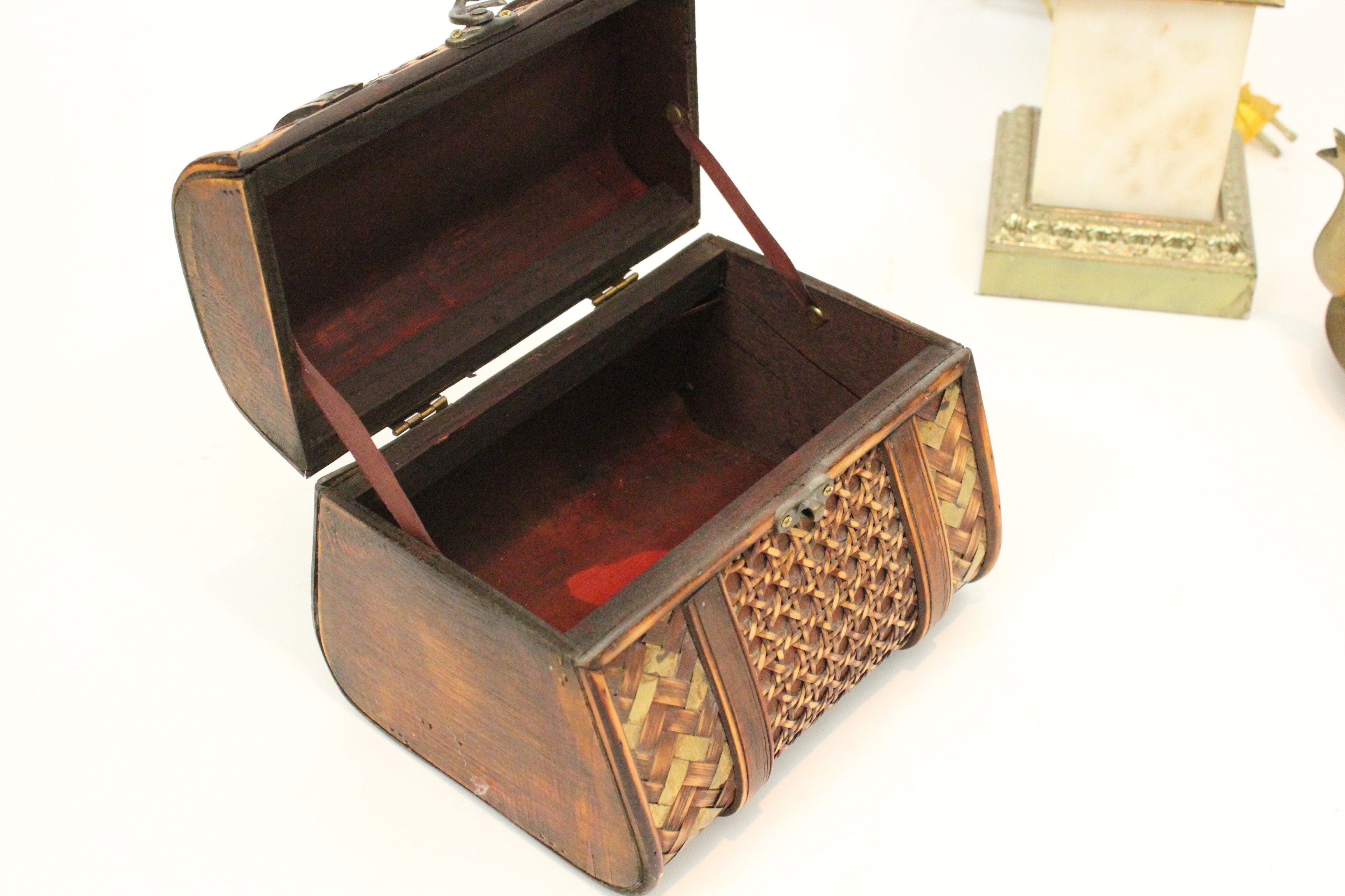 Marble Lamp, Wicker Gold Basket, and Crown Kettle