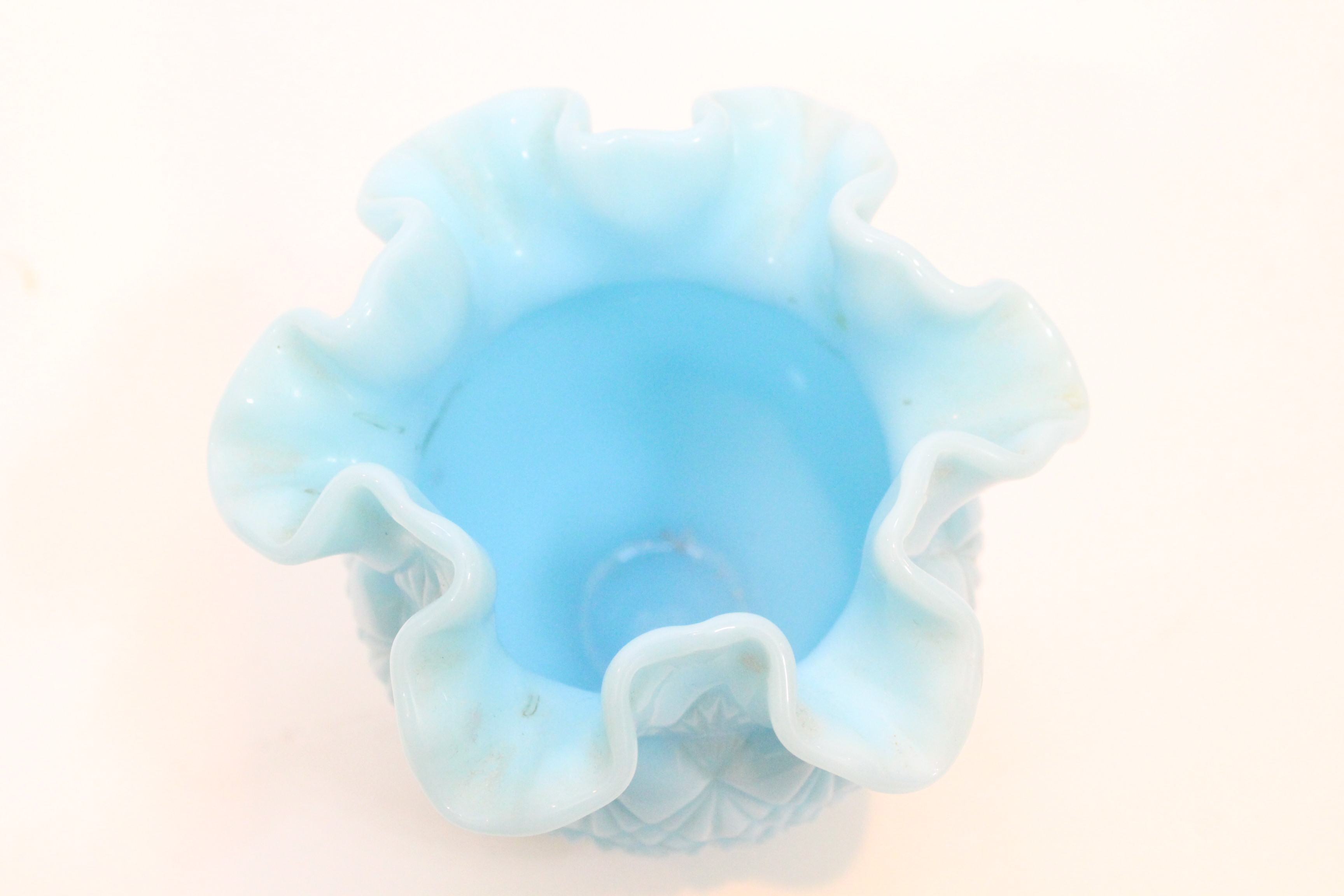 Antique Fenton Olde Virginia Glass Milk Blue Vase