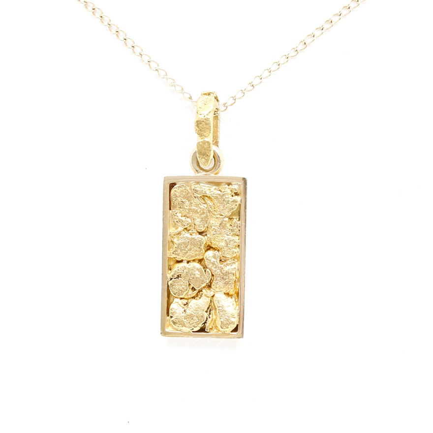 22K and 14K Yellow Gold Pressed Nugget Pendant Necklace