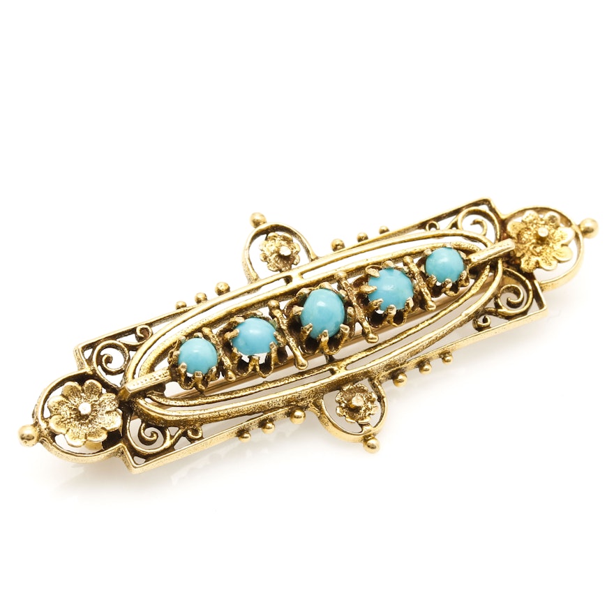 14K Yellow Gold Turquoise Brooch