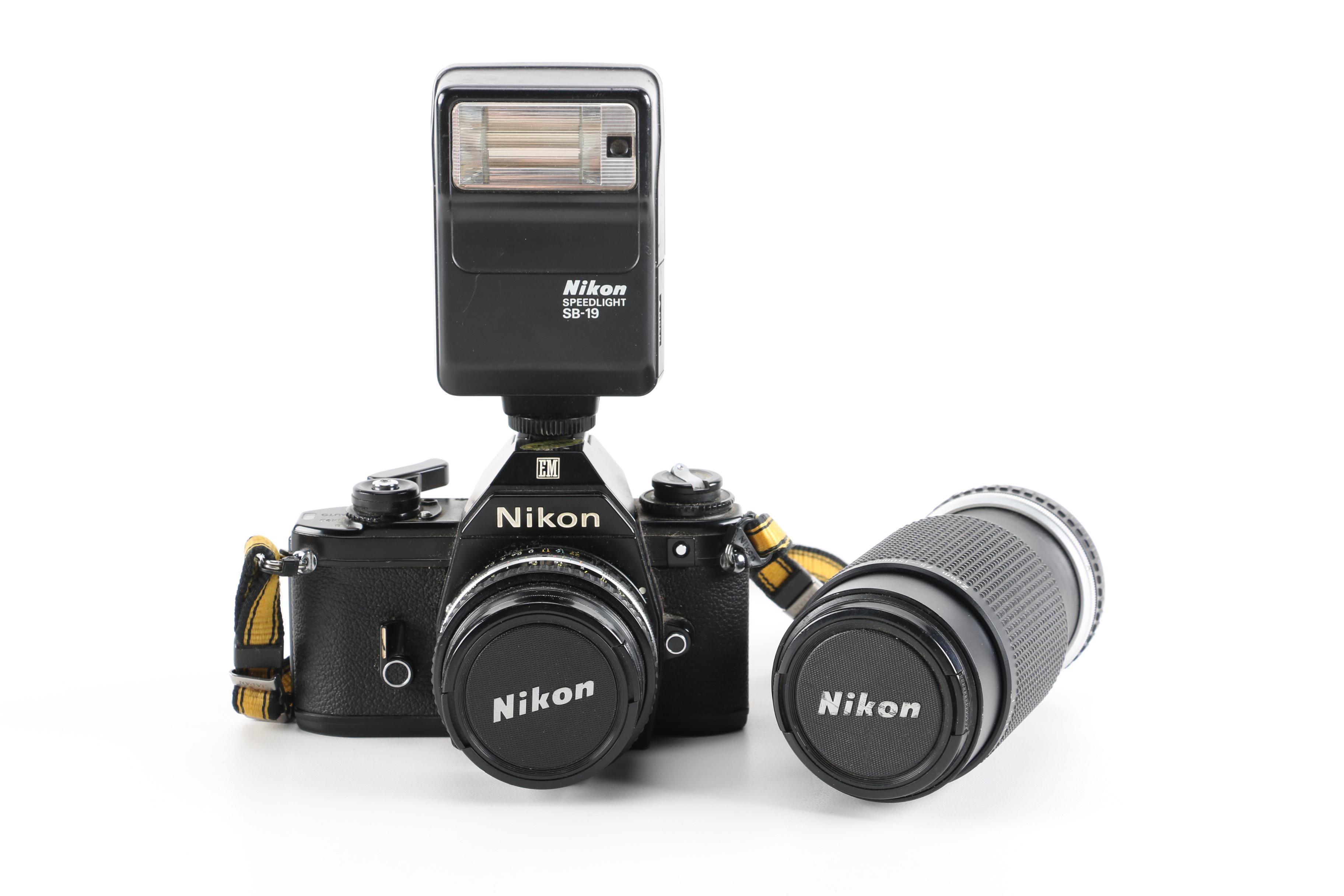 1980s Nikon EM 35mm Camera With Lens and Flash