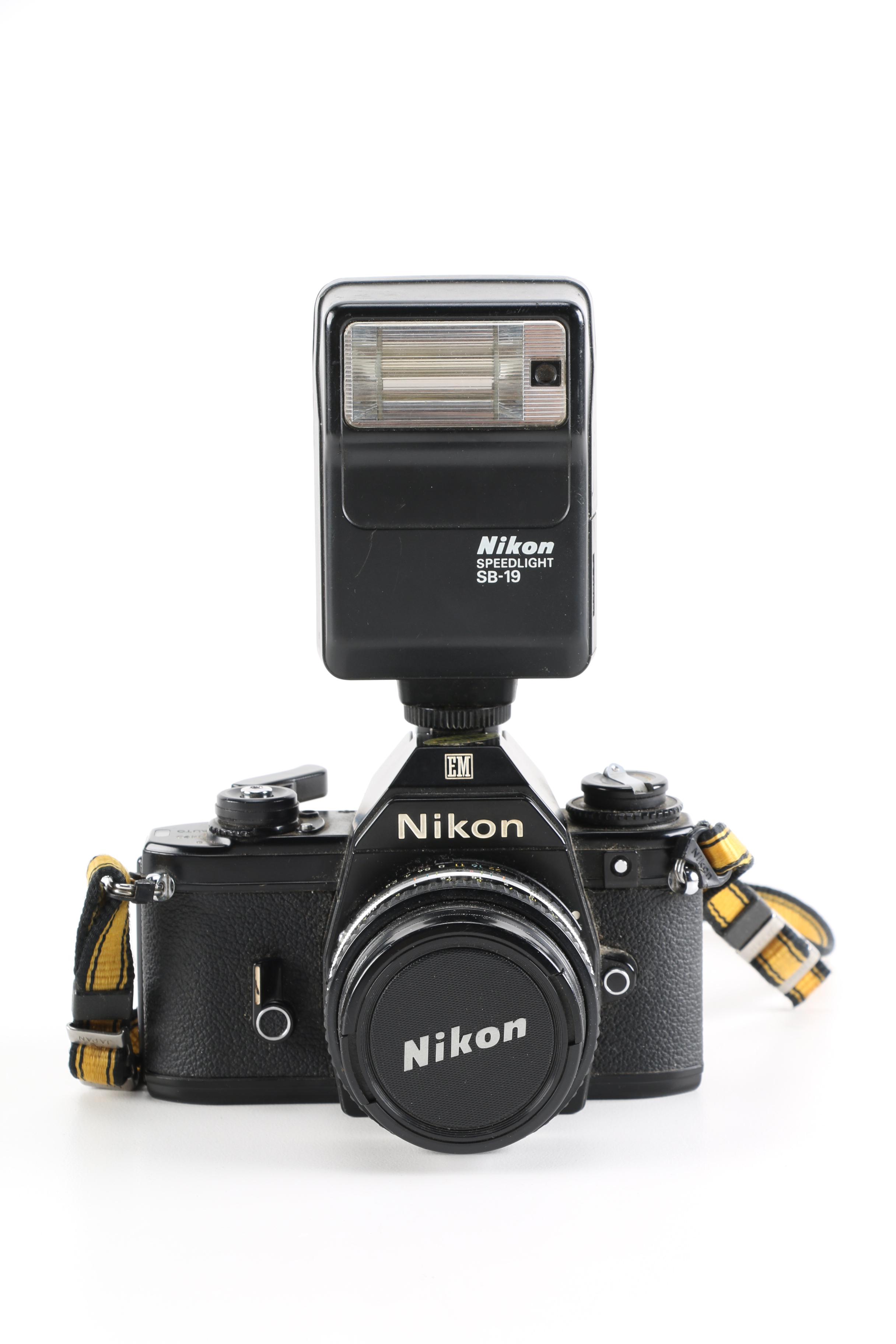 1980s Nikon EM 35mm Camera With Lens and Flash