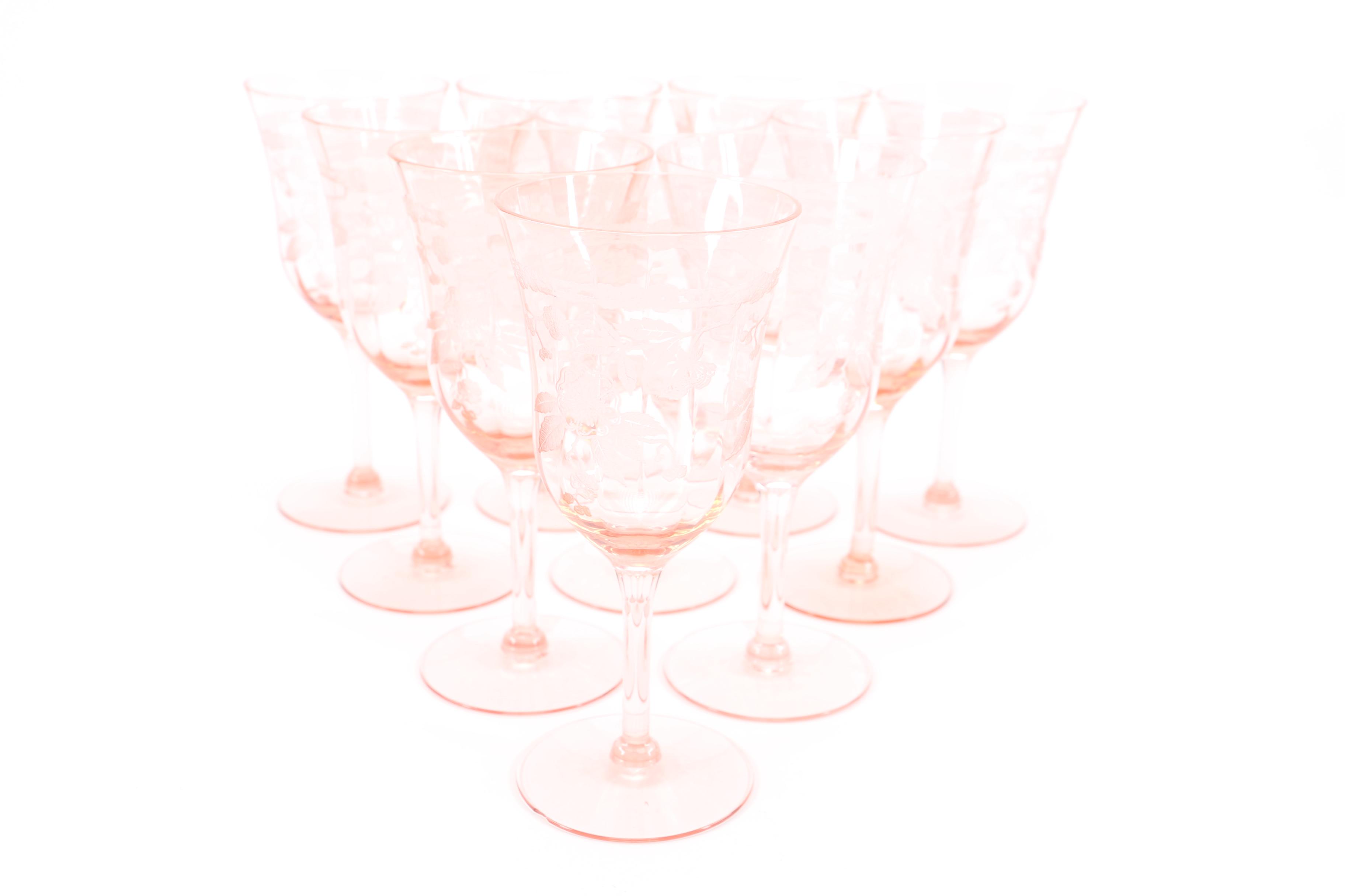 Circa 1930s Pink "Cherry Blossom" Wine Glasses