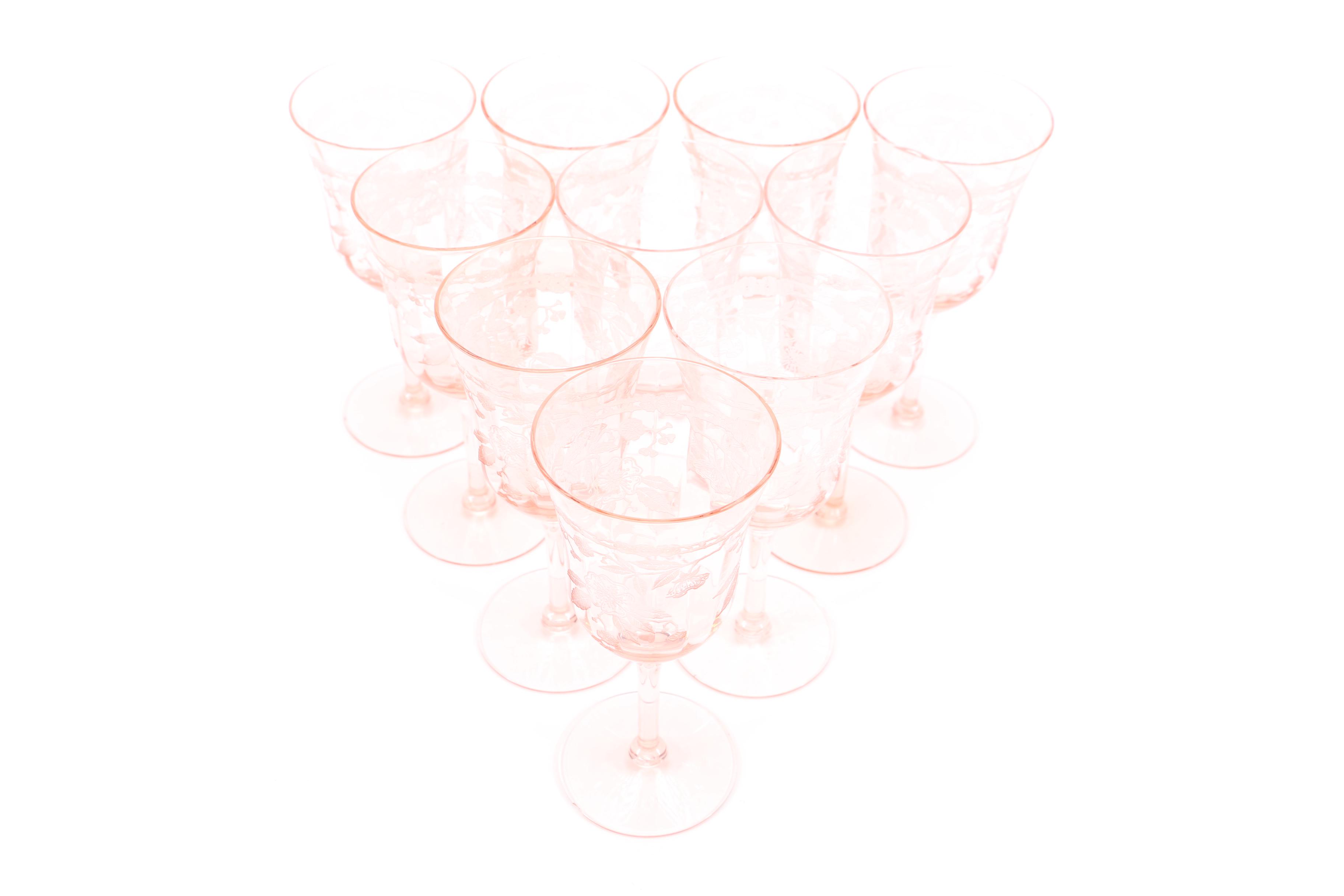 Circa 1930s Pink "Cherry Blossom" Wine Glasses