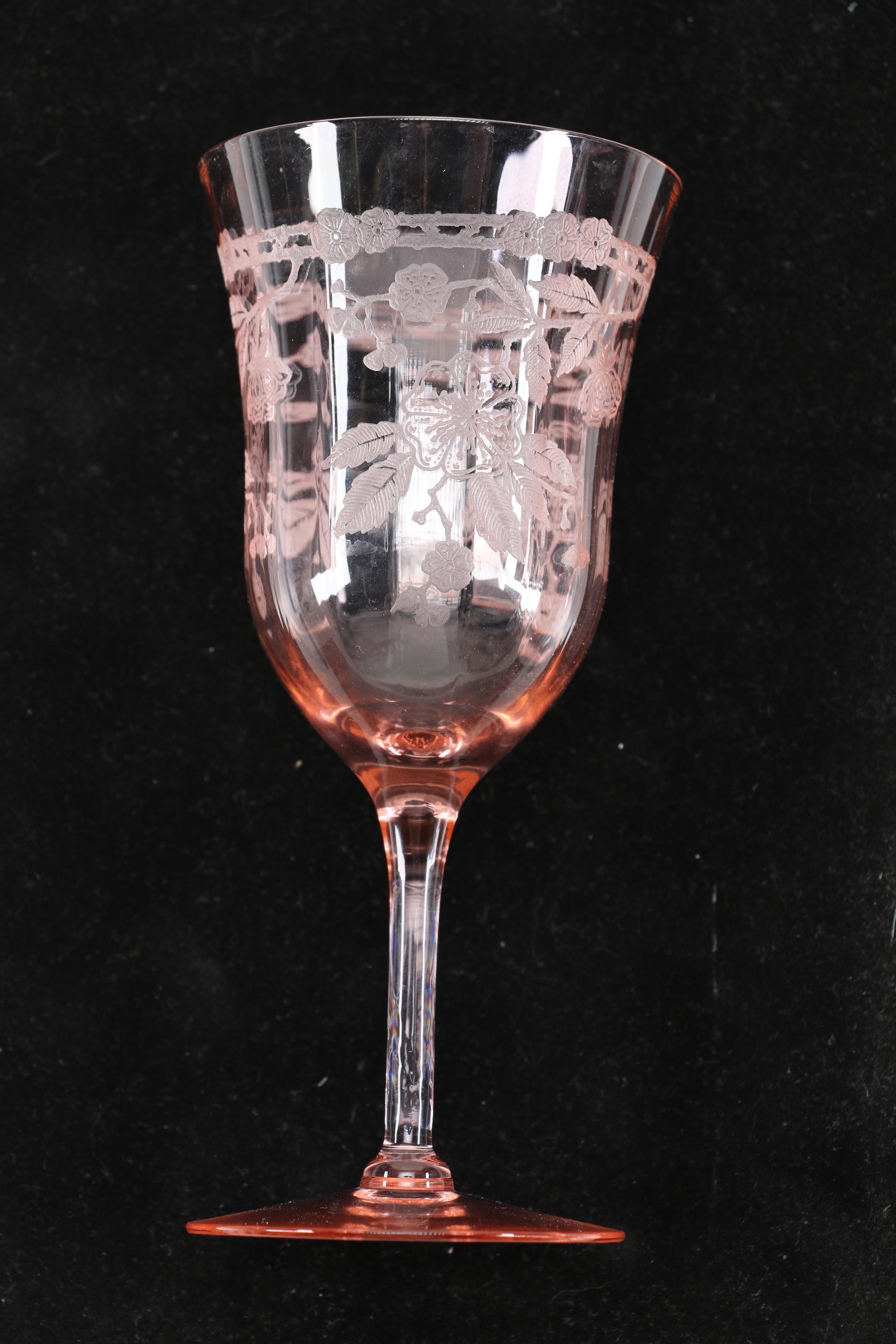 Circa 1930s Pink "Cherry Blossom" Wine Glasses