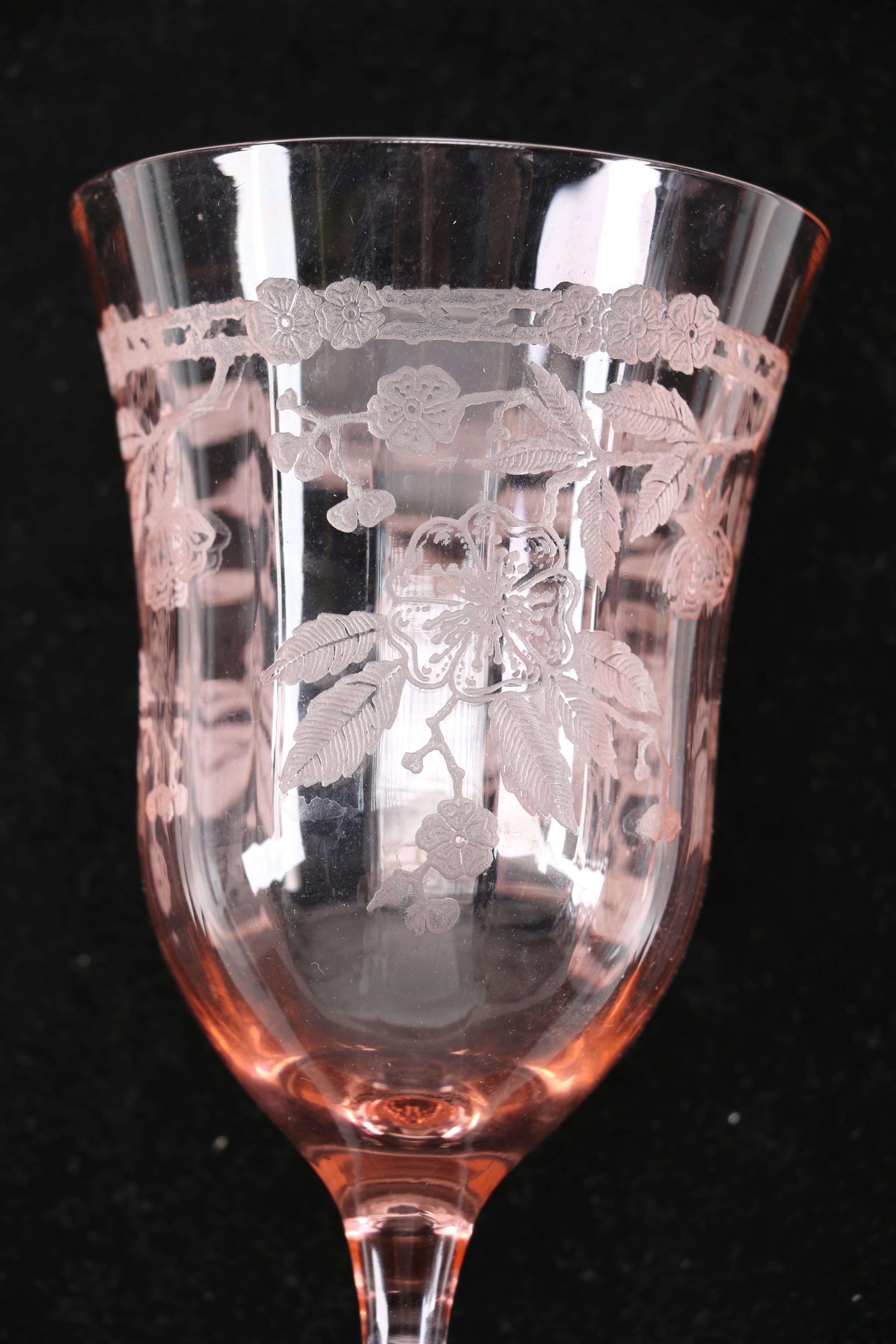 Circa 1930s Pink "Cherry Blossom" Wine Glasses
