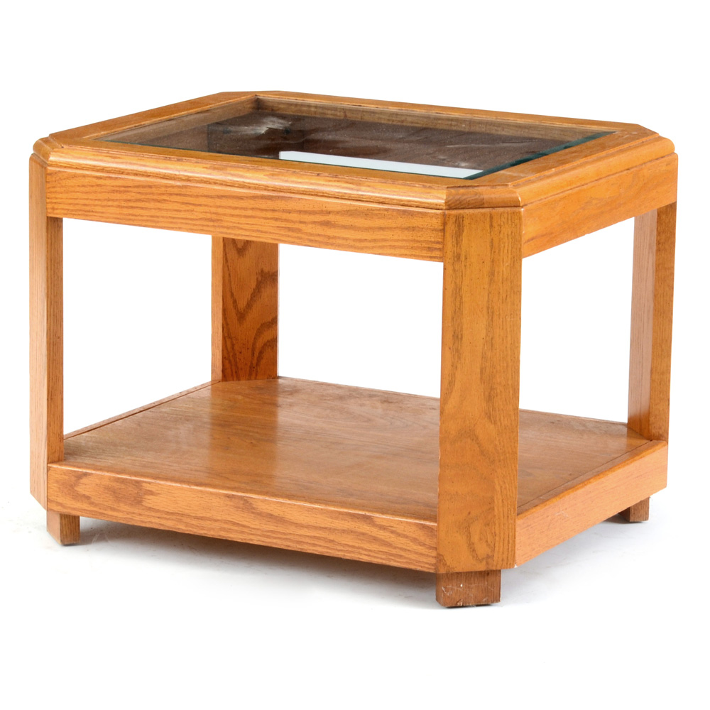 Oak End Table with Beveled Glass Top