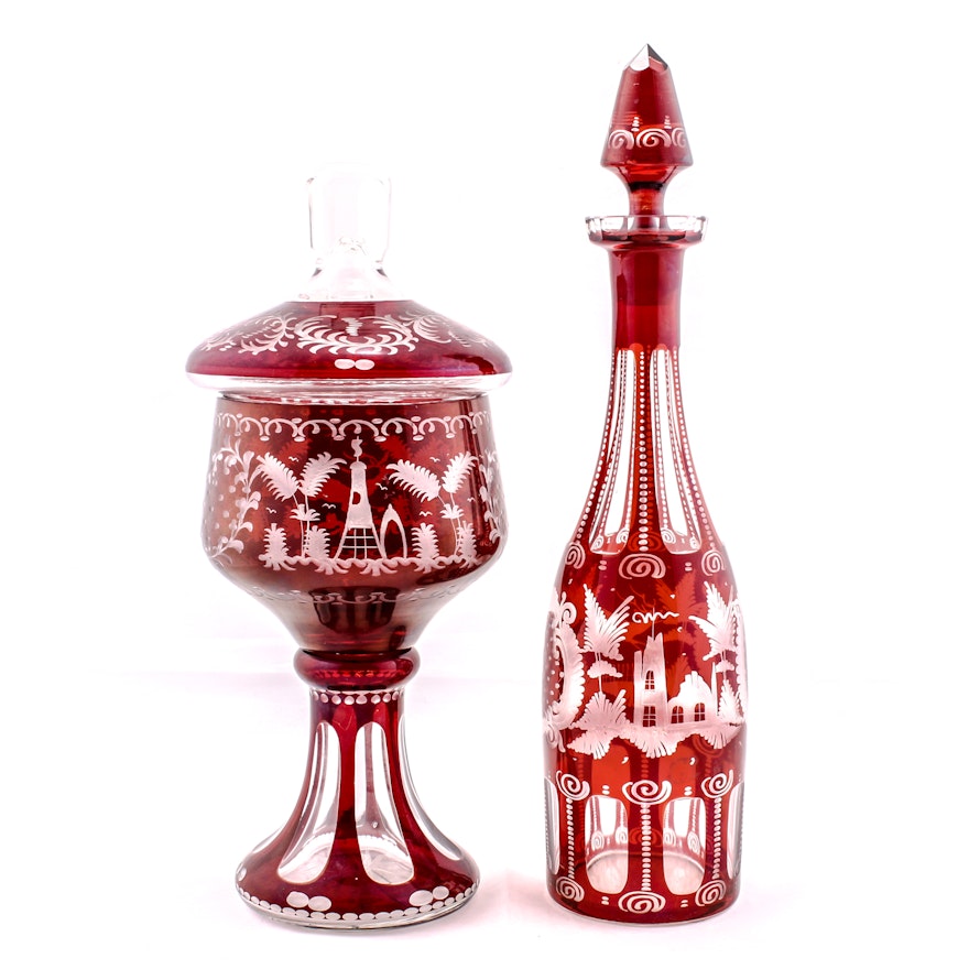 Pair of Antique Egermann Ruby Red Cut to Clear Bohemia Glass Pieces