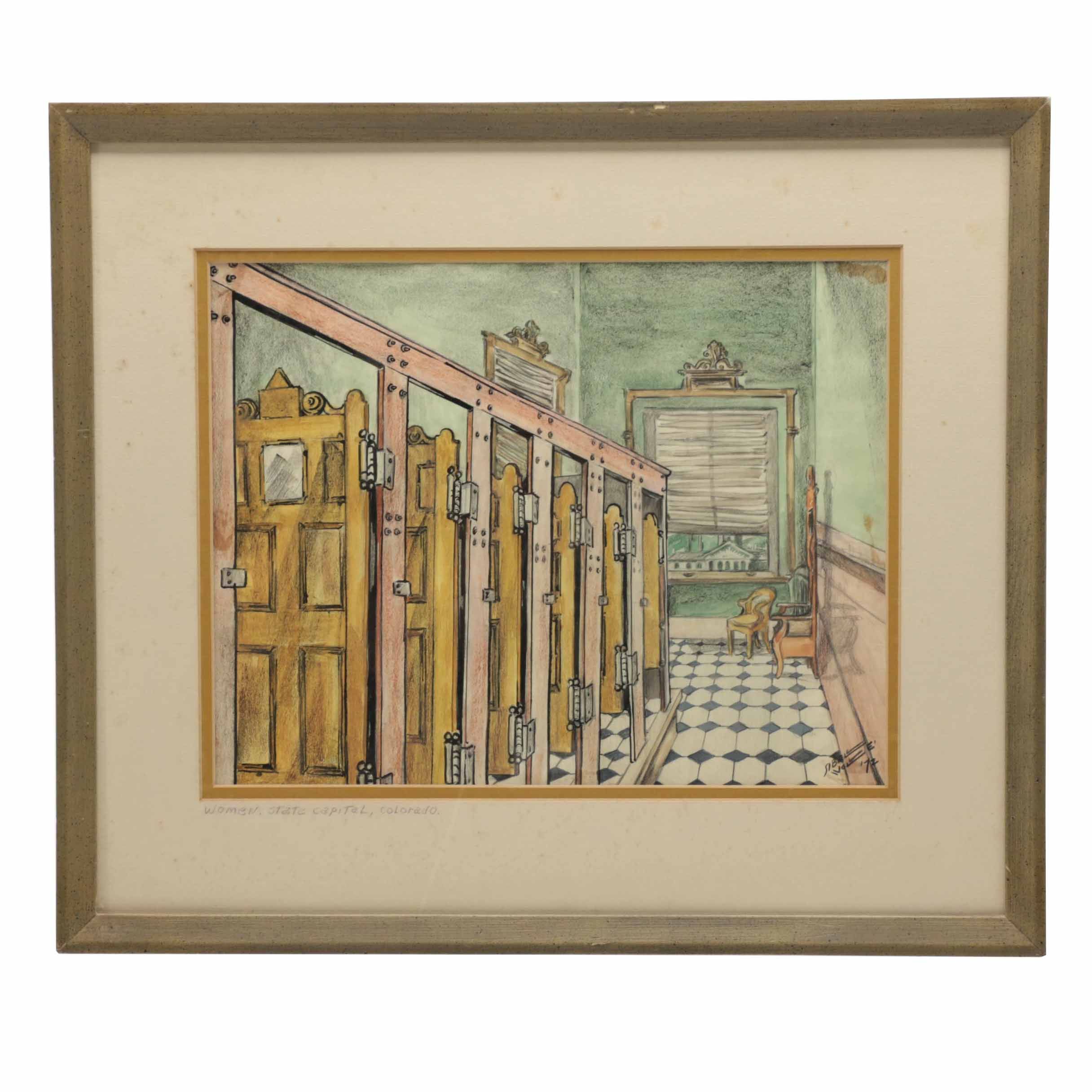 Muriel Vincent Sibell Wolle Mixed Media Drawing on Paper "Women. State Capital, Colorado"