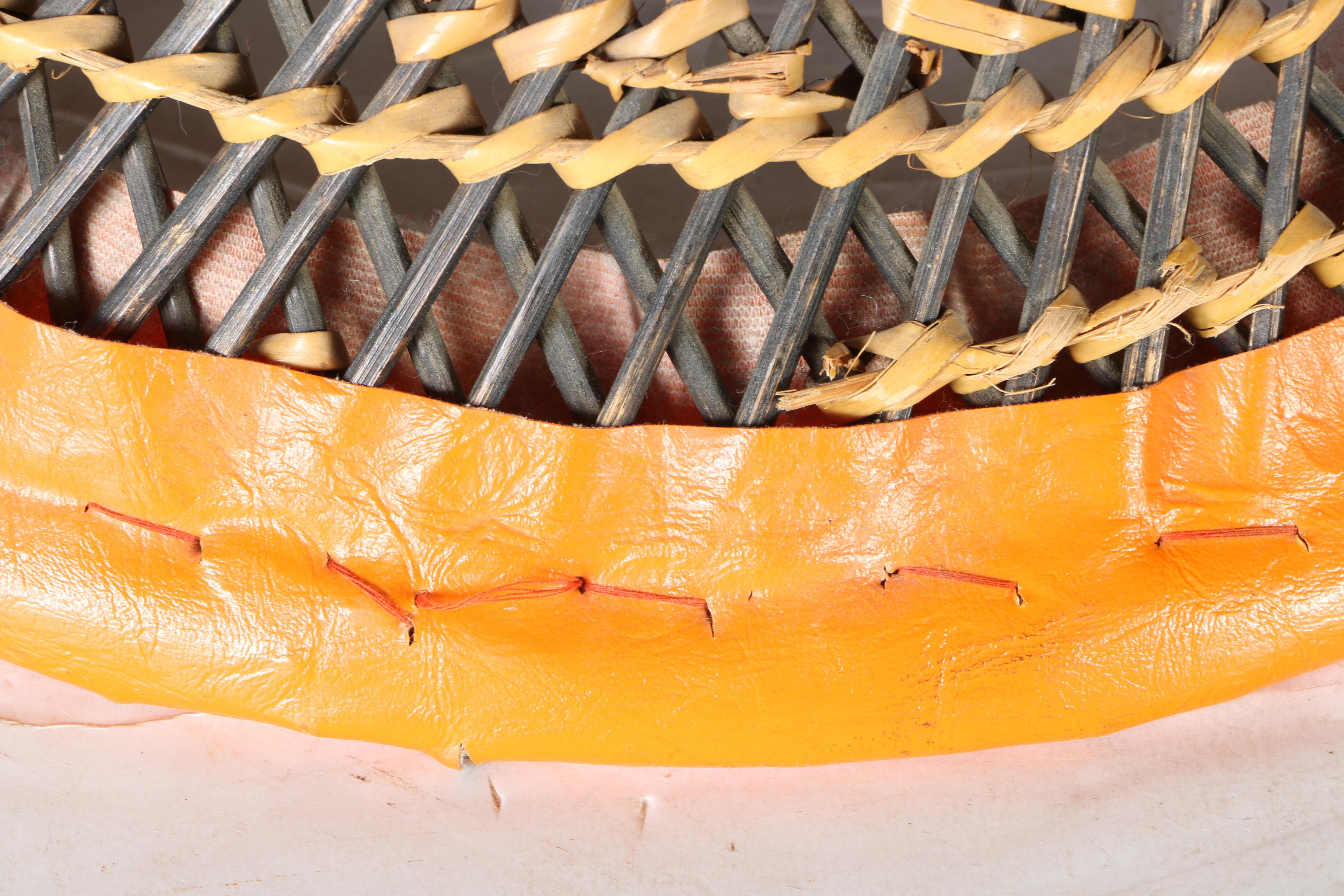 Wicker Hourglass-Shaped Footstool With Leather Top
