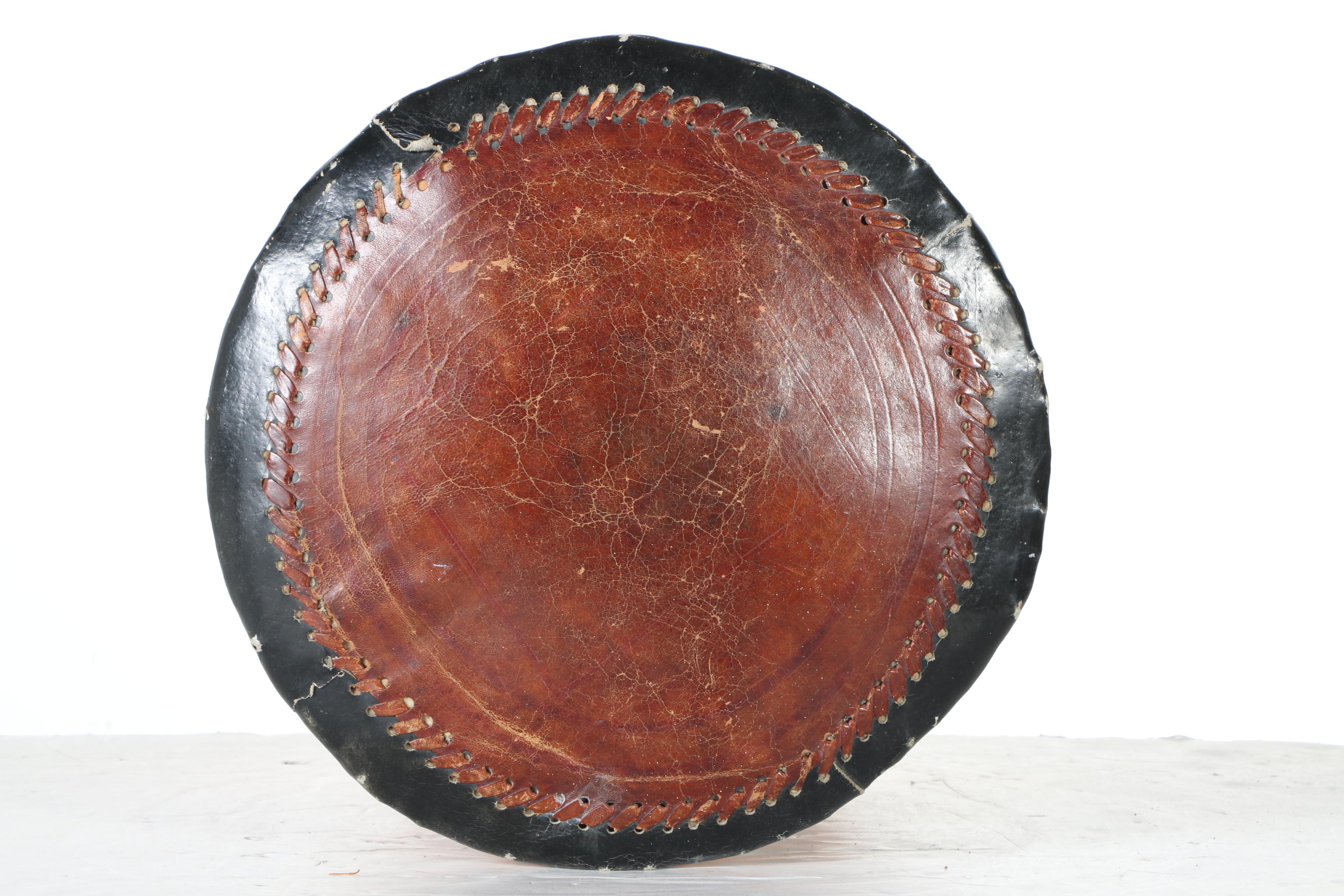 Wicker Hourglass-Shaped Footstool With Leather Top