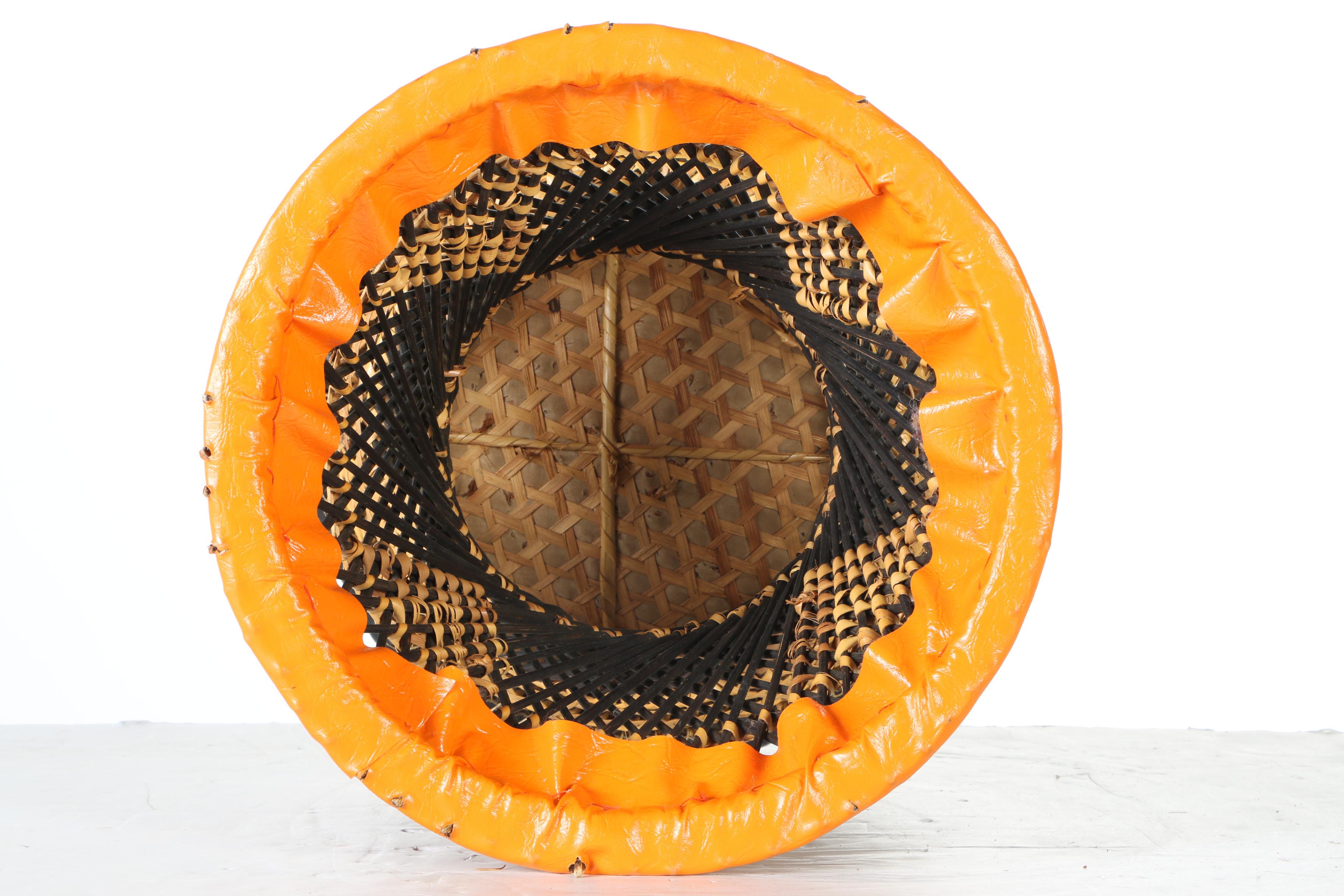 Wicker Hourglass-Shaped Footstool With Leather Top