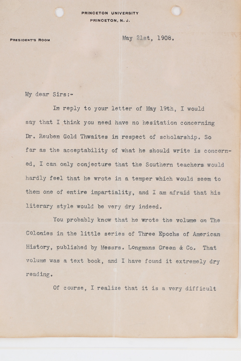 1908 Woodrow Wilson Signed Letter