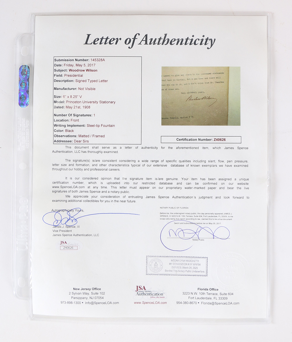 1908 Woodrow Wilson Signed Letter