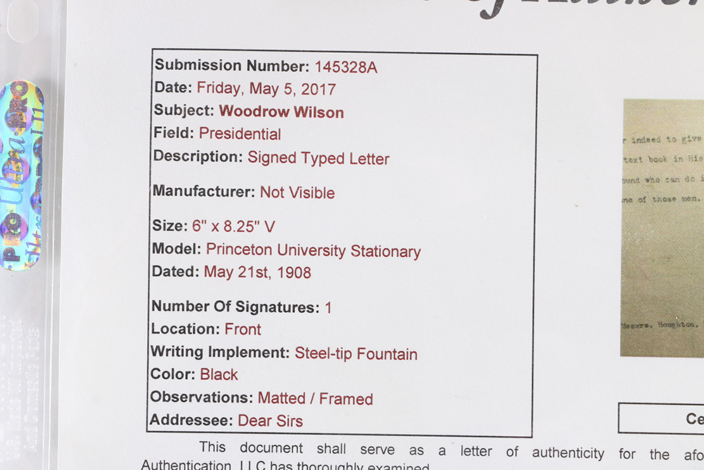 1908 Woodrow Wilson Signed Letter