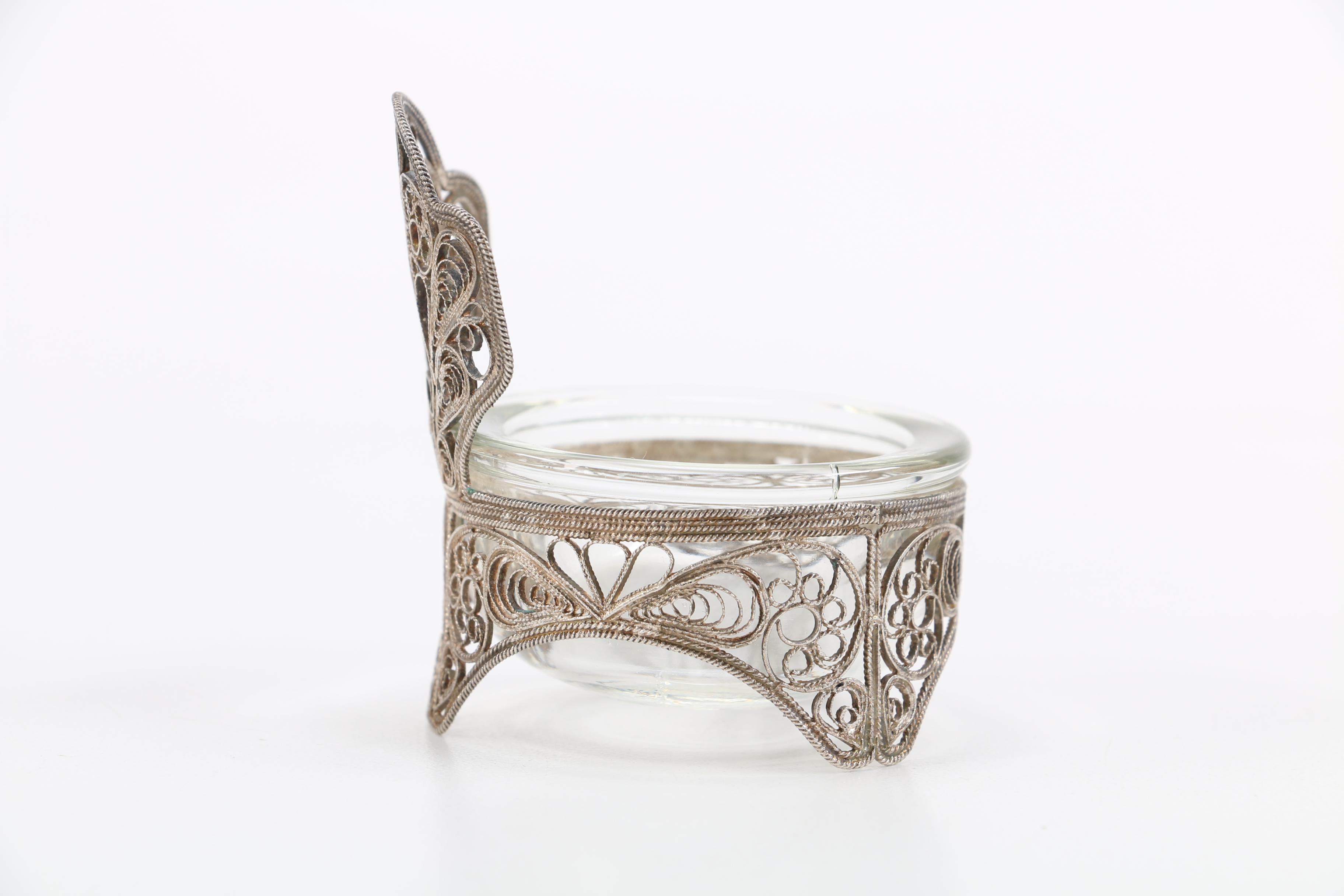 Silver Tone Filigree Holder with Glass Dish