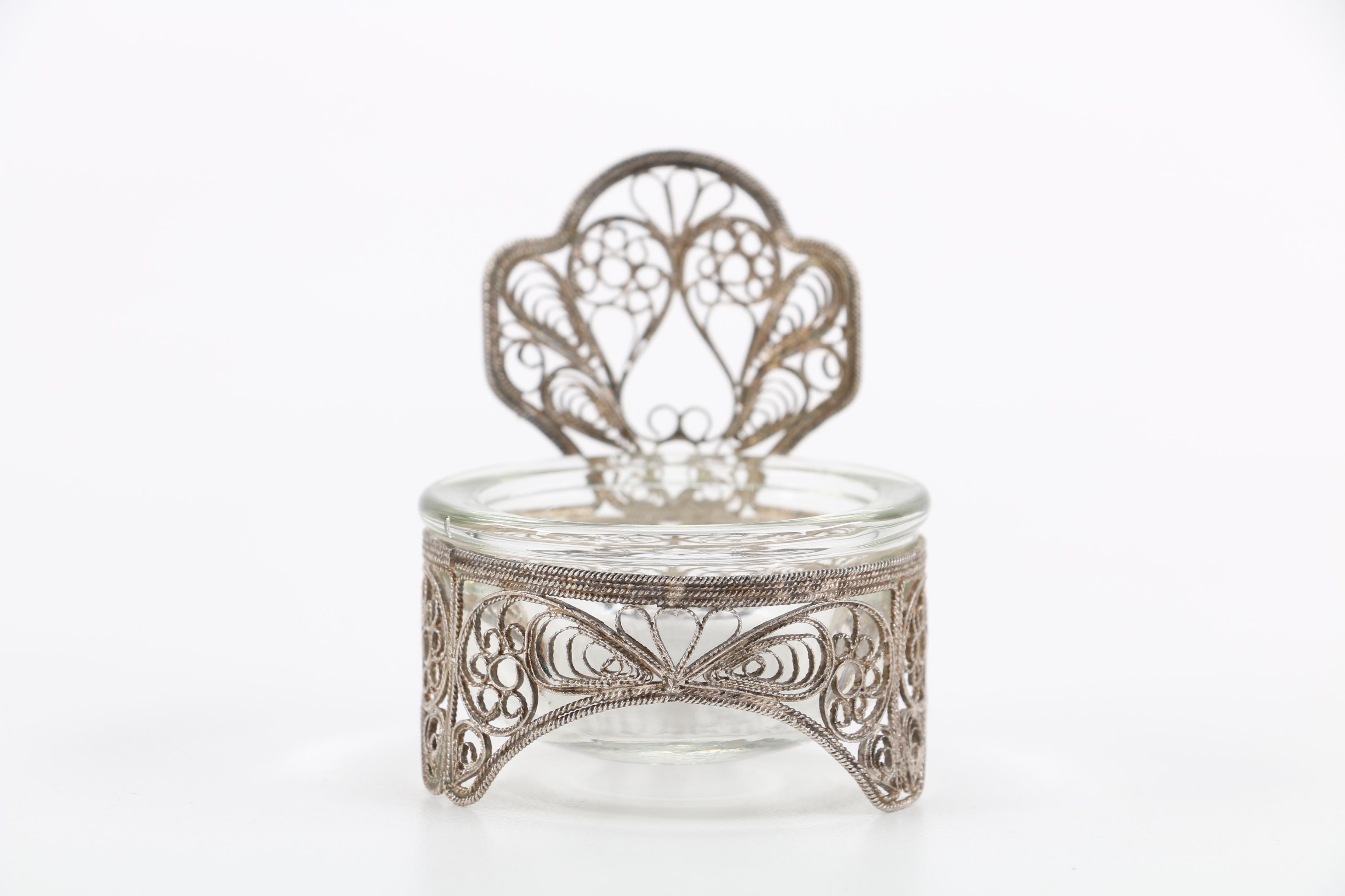 Silver Tone Filigree Holder with Glass Dish