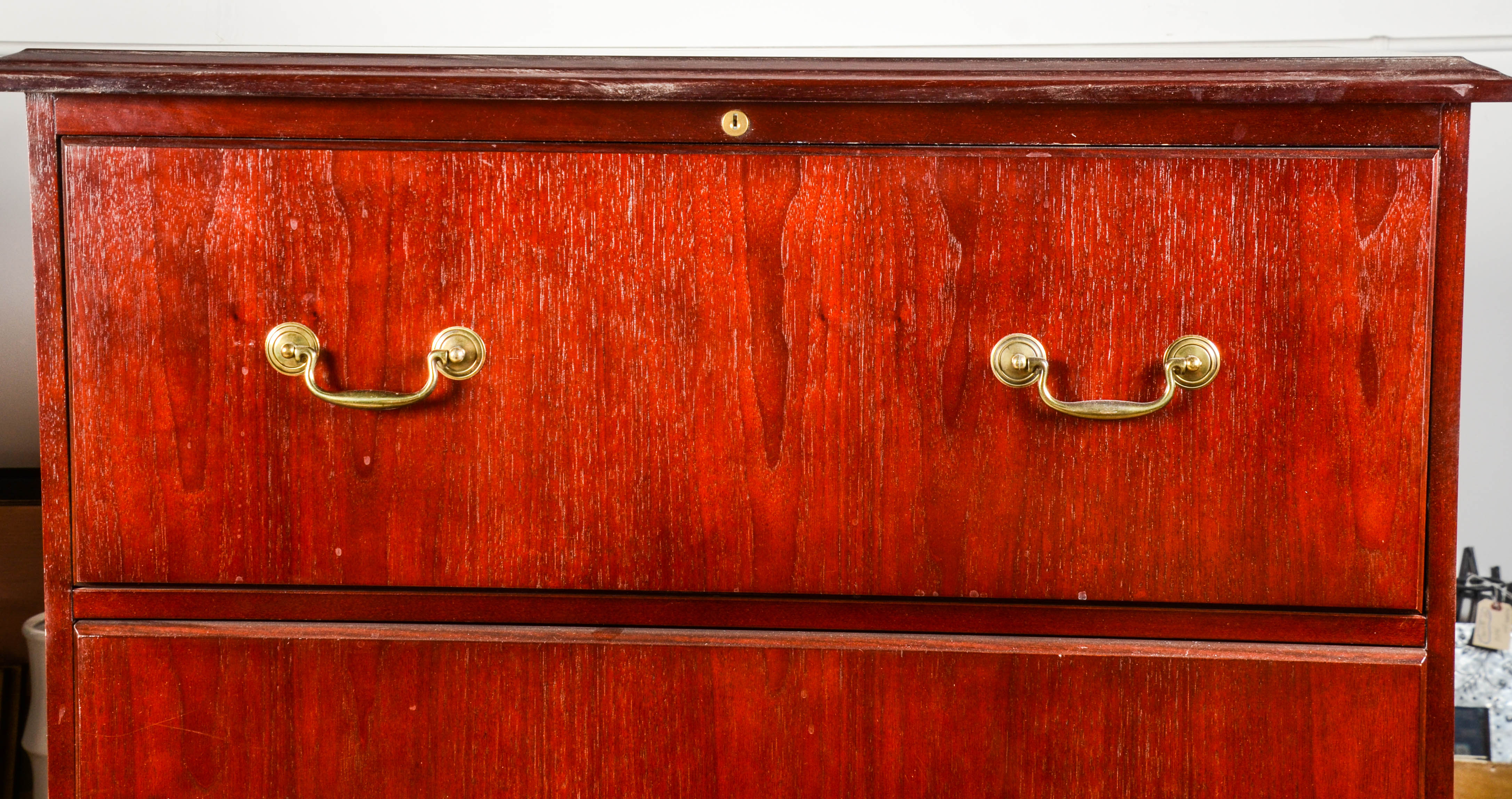 Tall Cherry Tone Wood Filing Cabinet