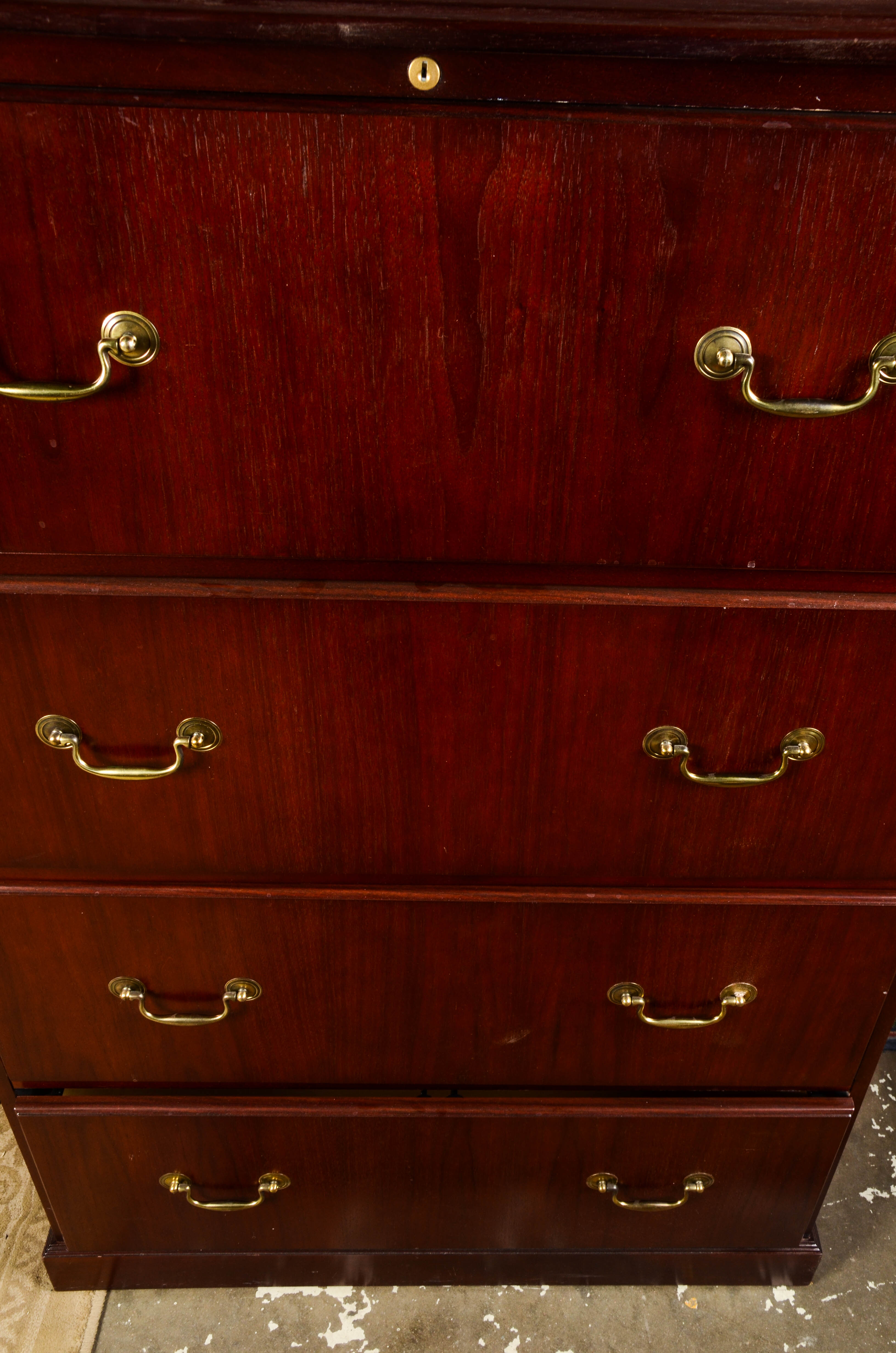 Tall Cherry Tone Wood Filing Cabinet