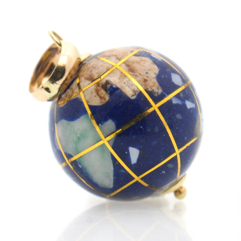 14K Yellow Gold Inlaid Stone Globe Pendant