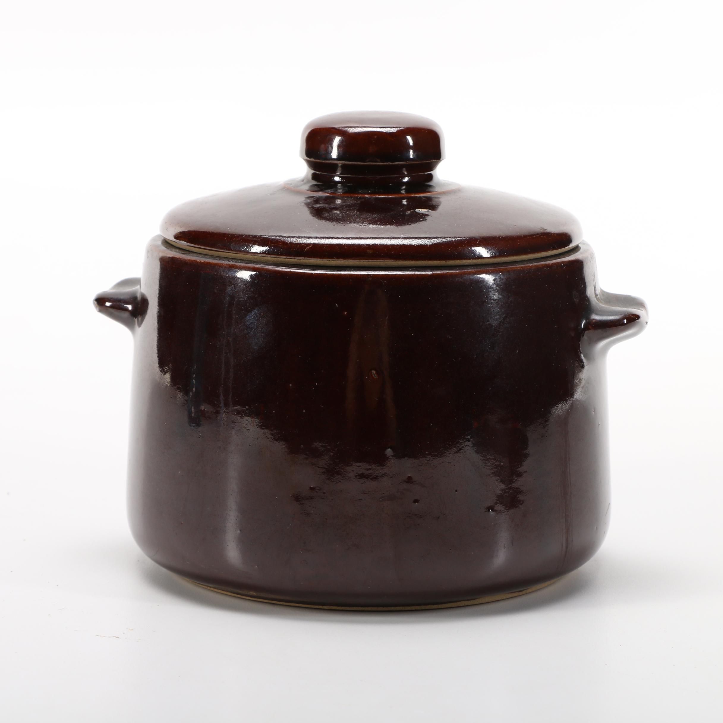 Vintage Brown Glazed Stoneware Bean Pot