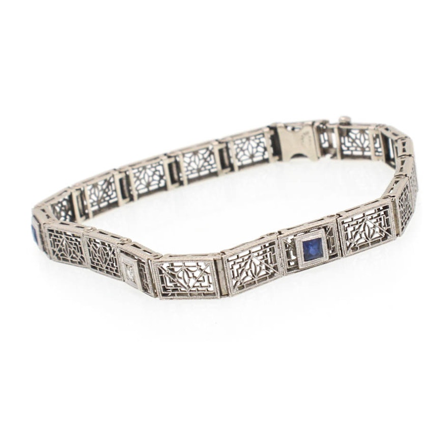 Art Deco Platinum and 14K White Gold Diamond Filigree Bracelet