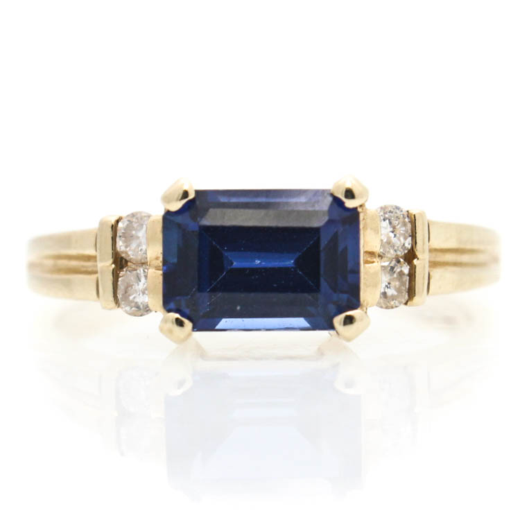 14K Yellow Gold Diamond and Synthetic Sapphire Ring