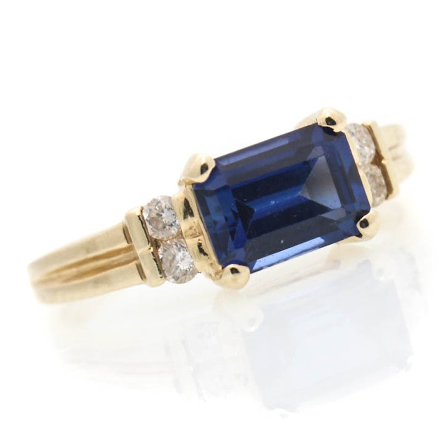 14K Yellow Gold Diamond and Synthetic Sapphire Ring