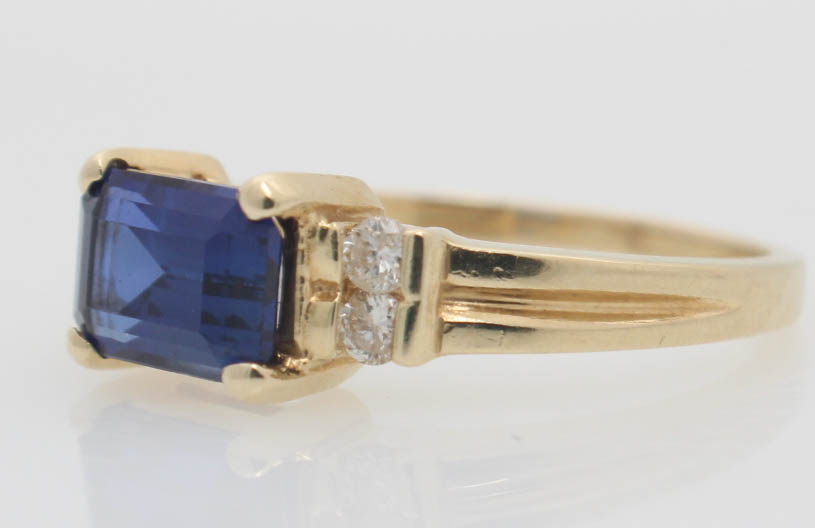 14K Yellow Gold Diamond and Synthetic Sapphire Ring