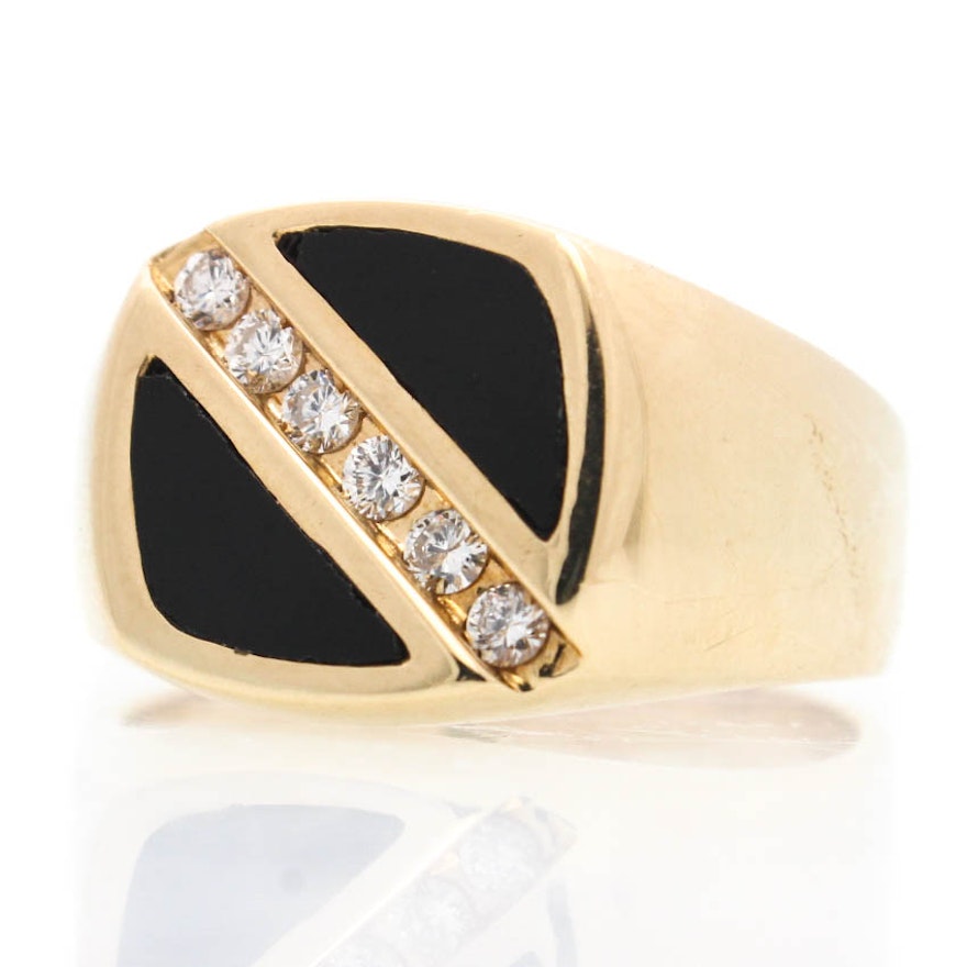14K Yellow Gold Diamond and Onyx Ring