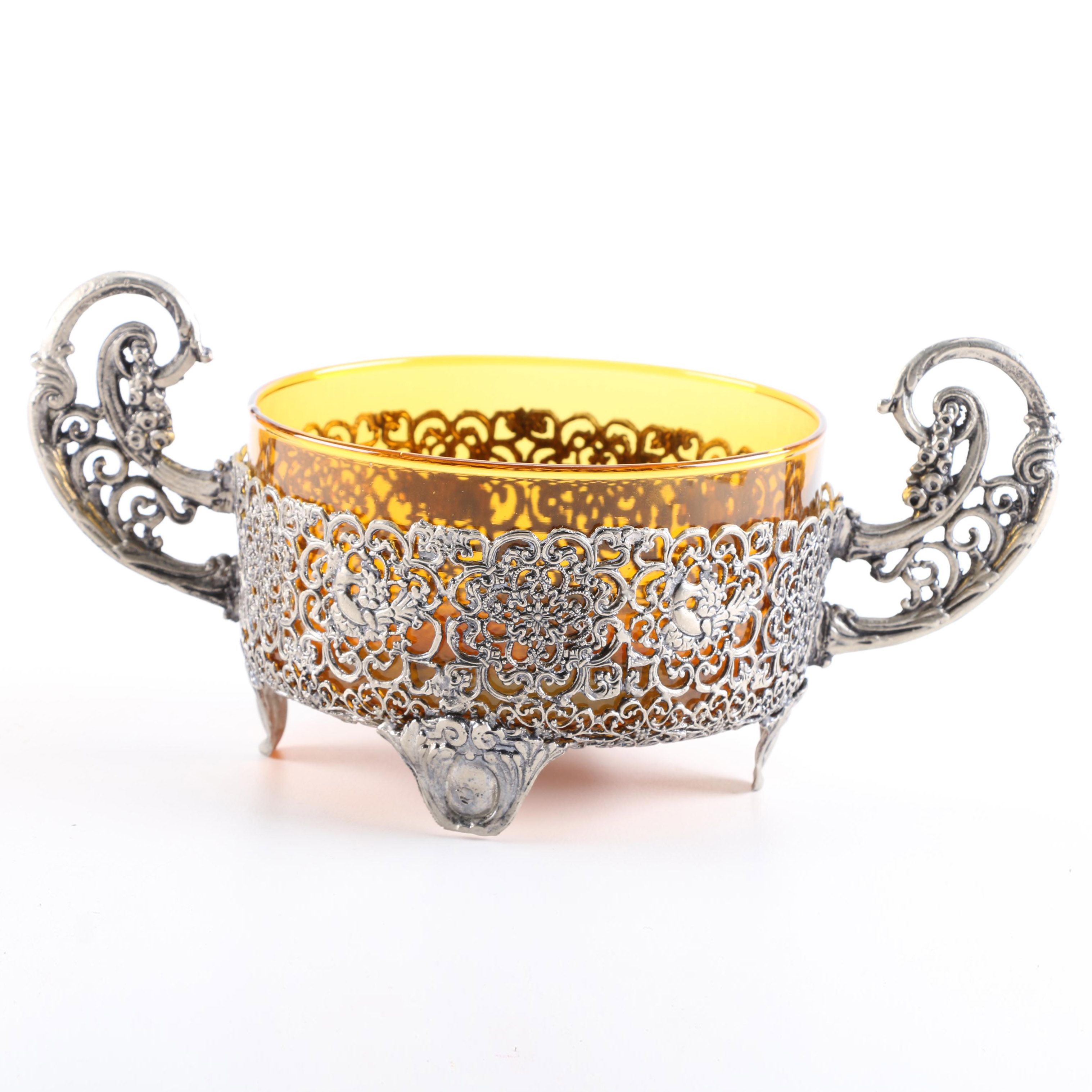 Foliad Pattern Metal Holder with Amber Glass Dish