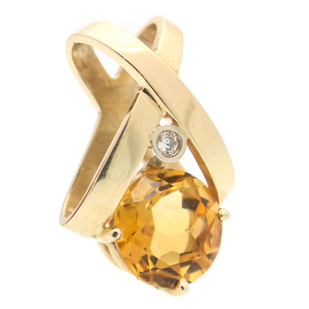14K Yellow Gold Natural Citrine and Diamond Pendant