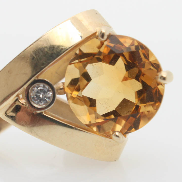 14K Yellow Gold Natural Citrine and Diamond Pendant