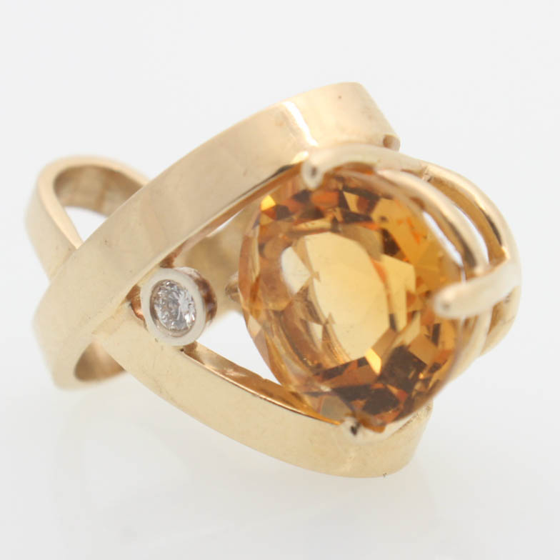 14K Yellow Gold Natural Citrine and Diamond Pendant