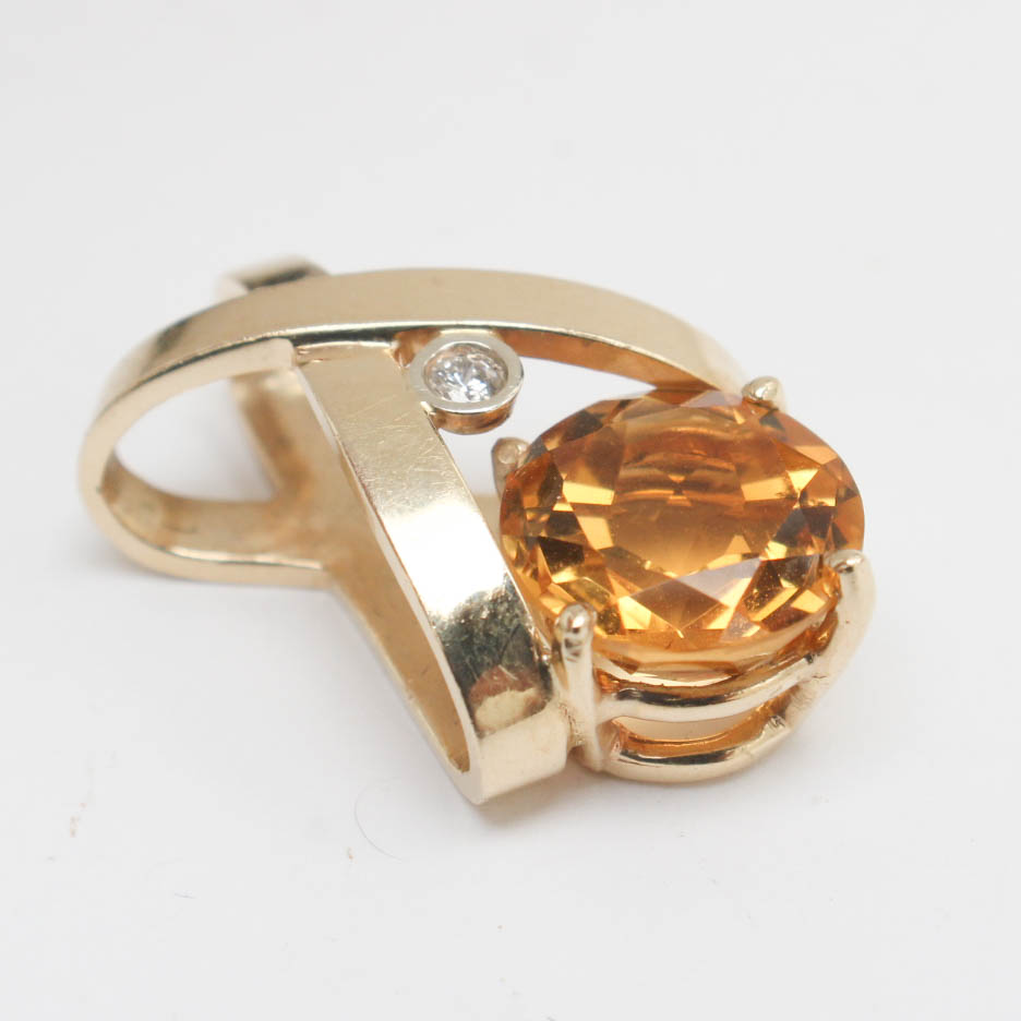 14K Yellow Gold Natural Citrine and Diamond Pendant