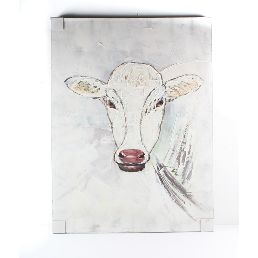 Mixed Media Painting of Cow on Canvas