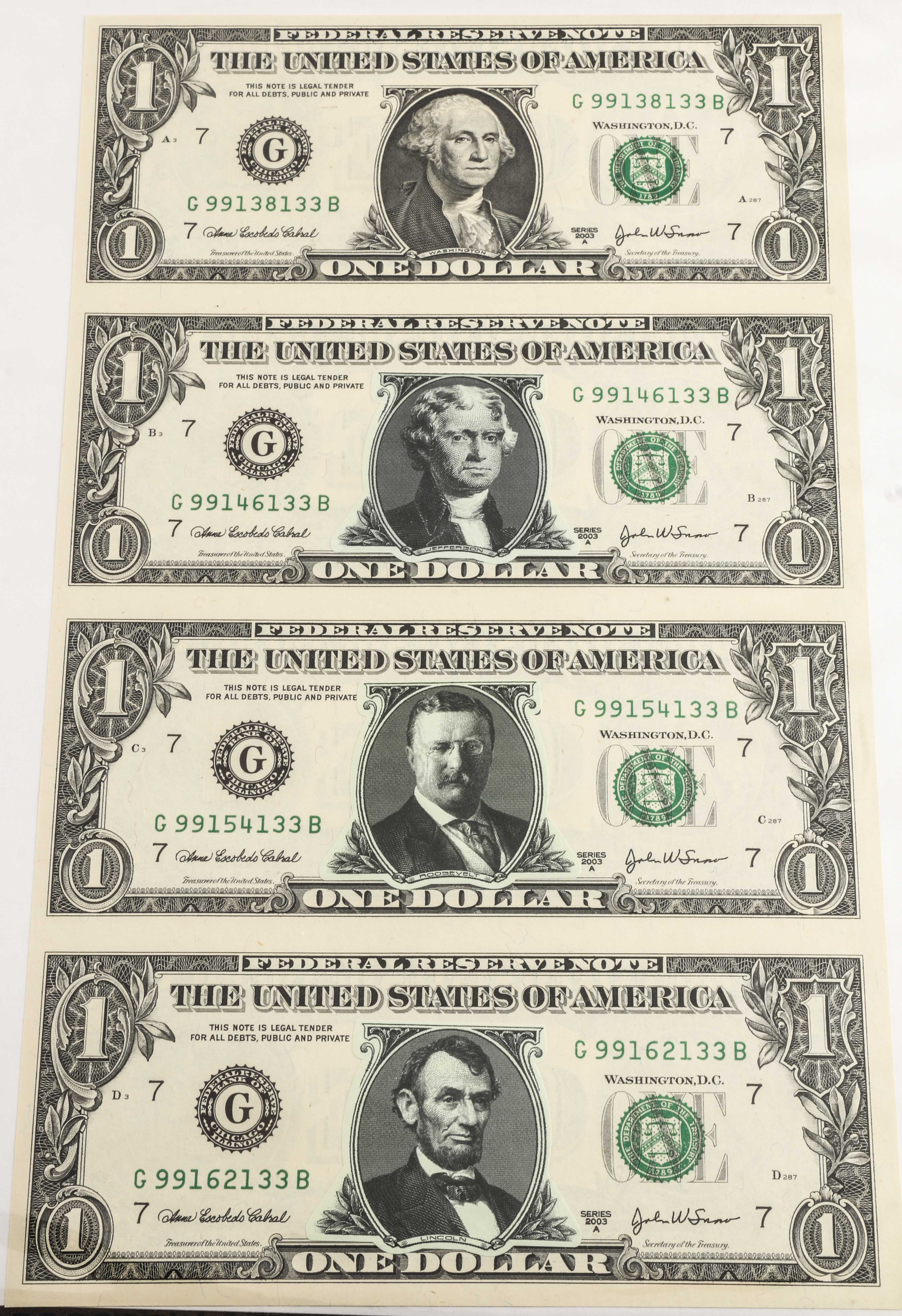 Mount Rushmore Uncut One-Dollar Bill Collection