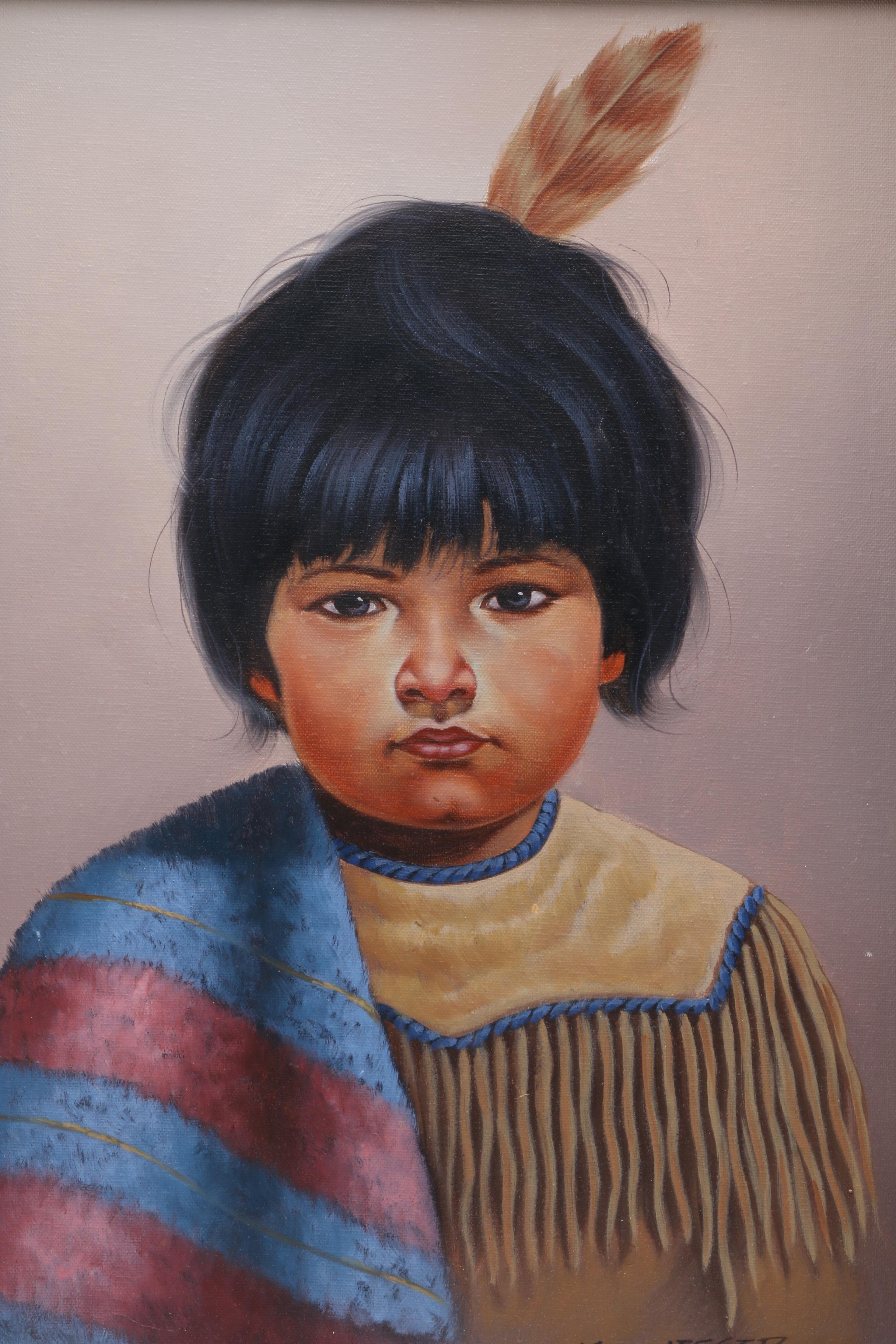 K. Jesser Oil Painting on Canvas of a Native American Child