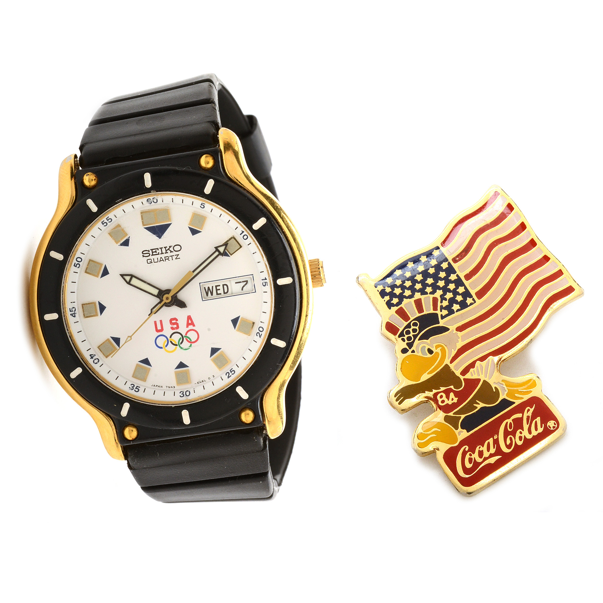 Seiko Olympic Watch and Coca-Cola 1980 Olympic Pin