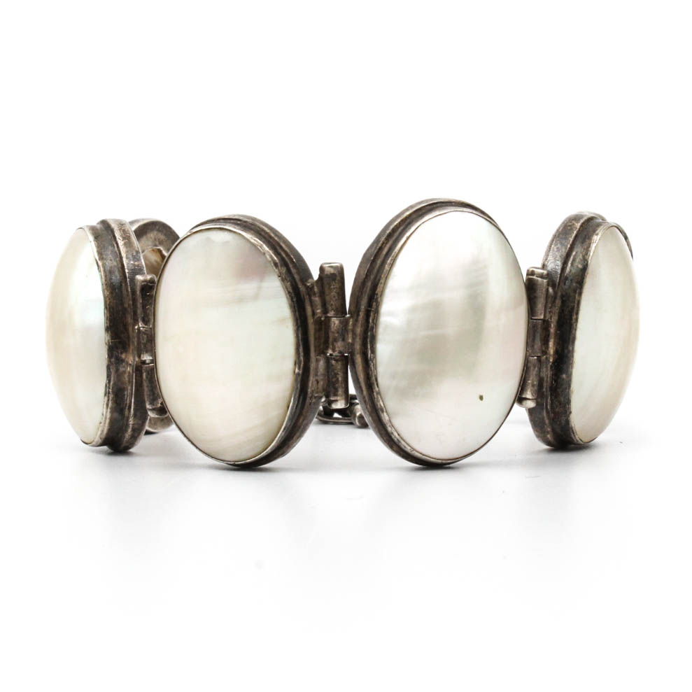 Vintage Chunky Sterling Silver and Mother of Pearl Bracelet