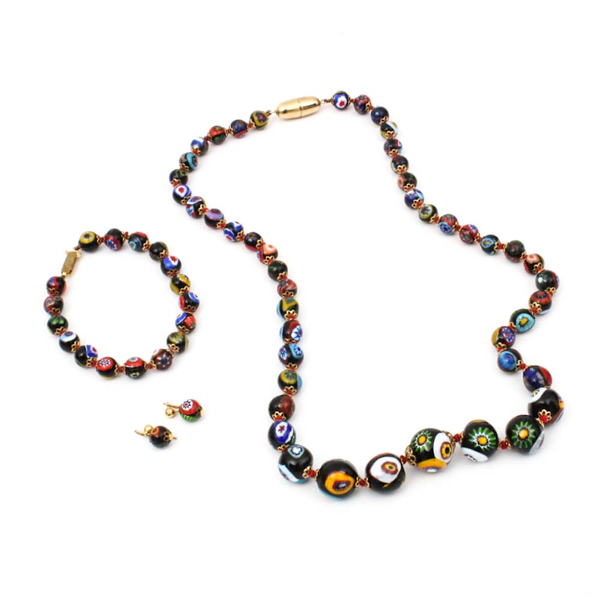Vintage Venetian Murano Millefiori Graduated Bead Jewelry Collection