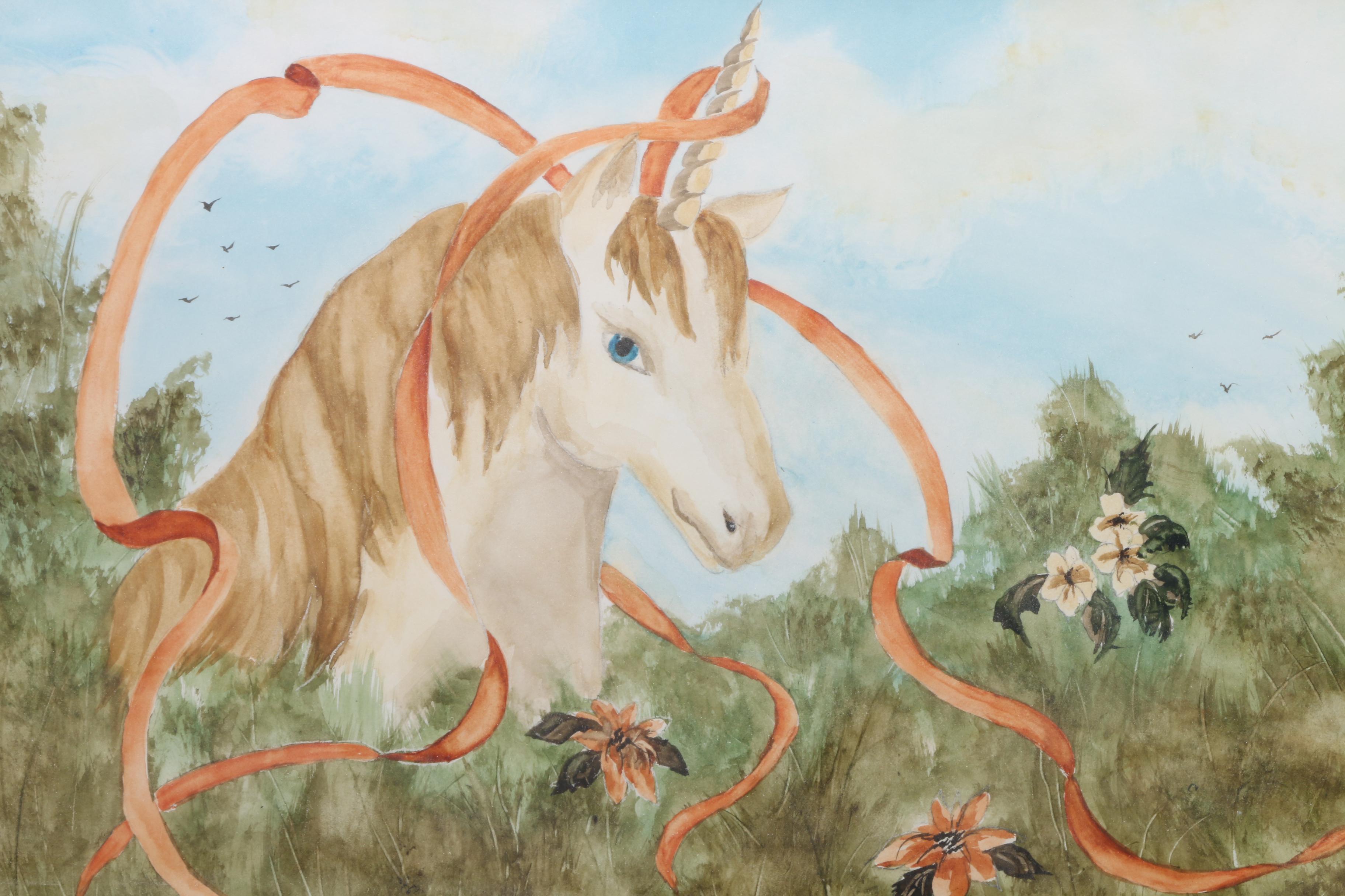 S. Smallwood Watercolor Painting on Paper of a Unicorn