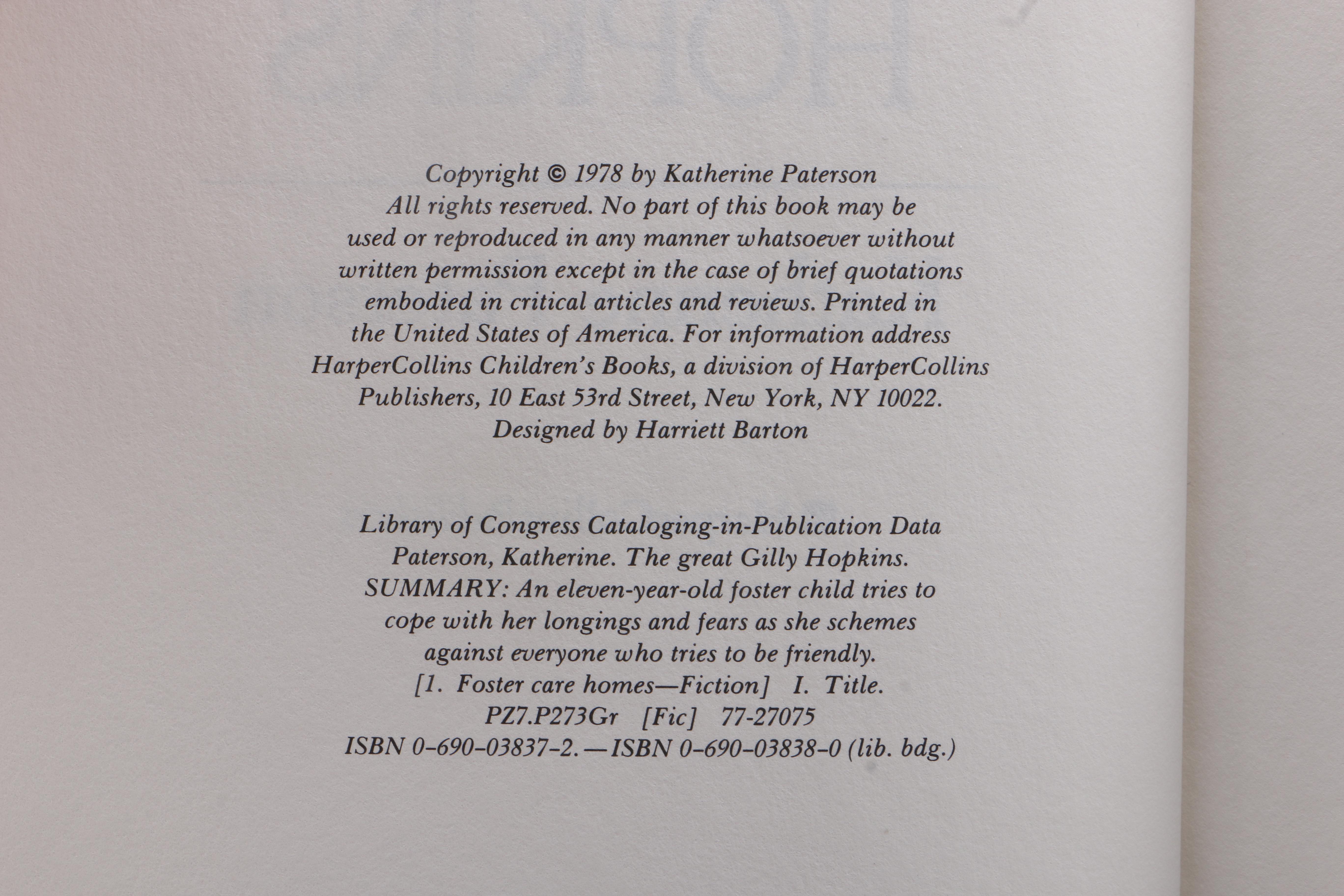 Newbery Honor Book "The Great Gilly Hopkins" by Katherine Paterson