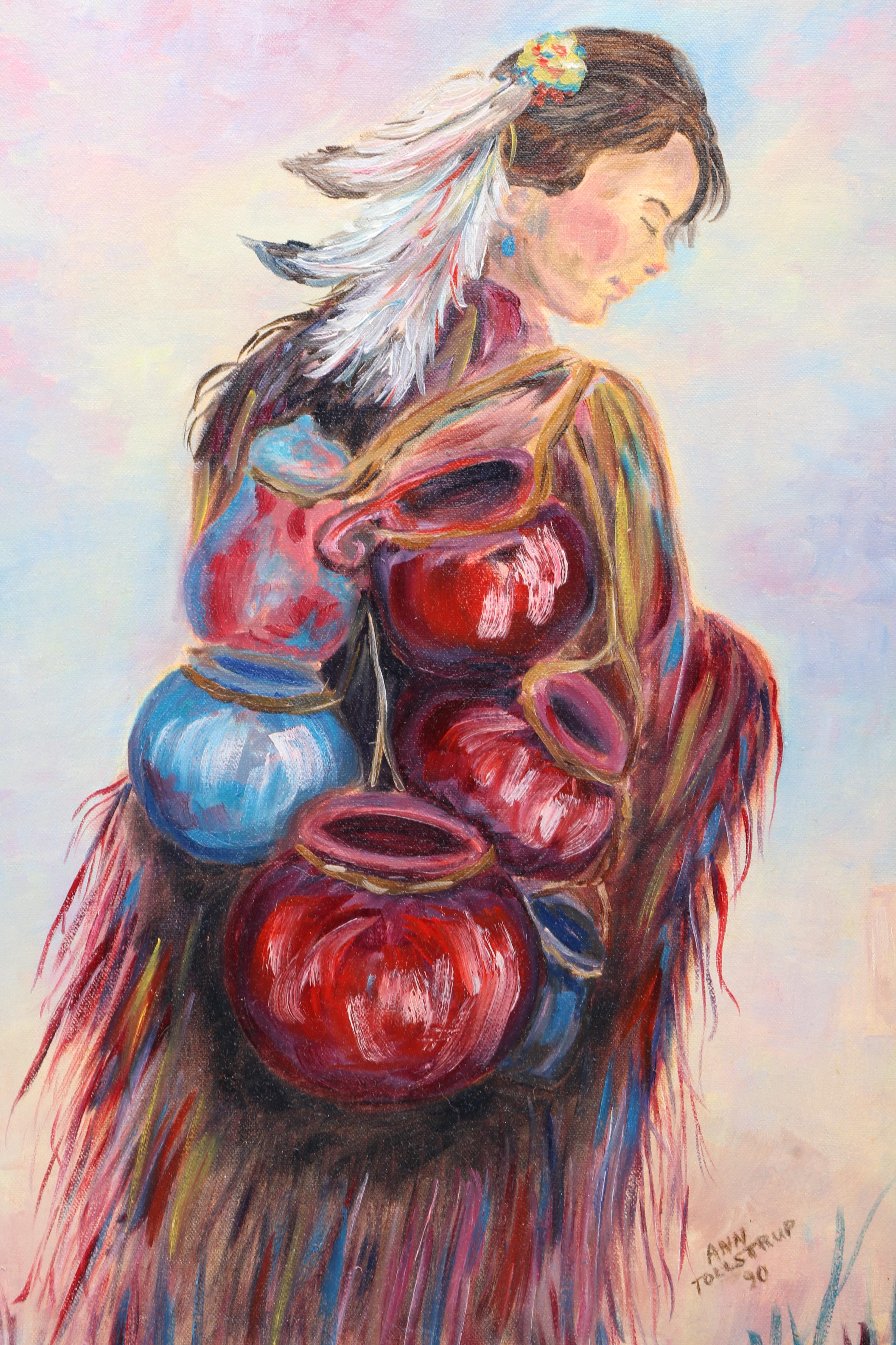 Ann Tollstrup Oil Painting on Canvas of Woman Carrying Vases