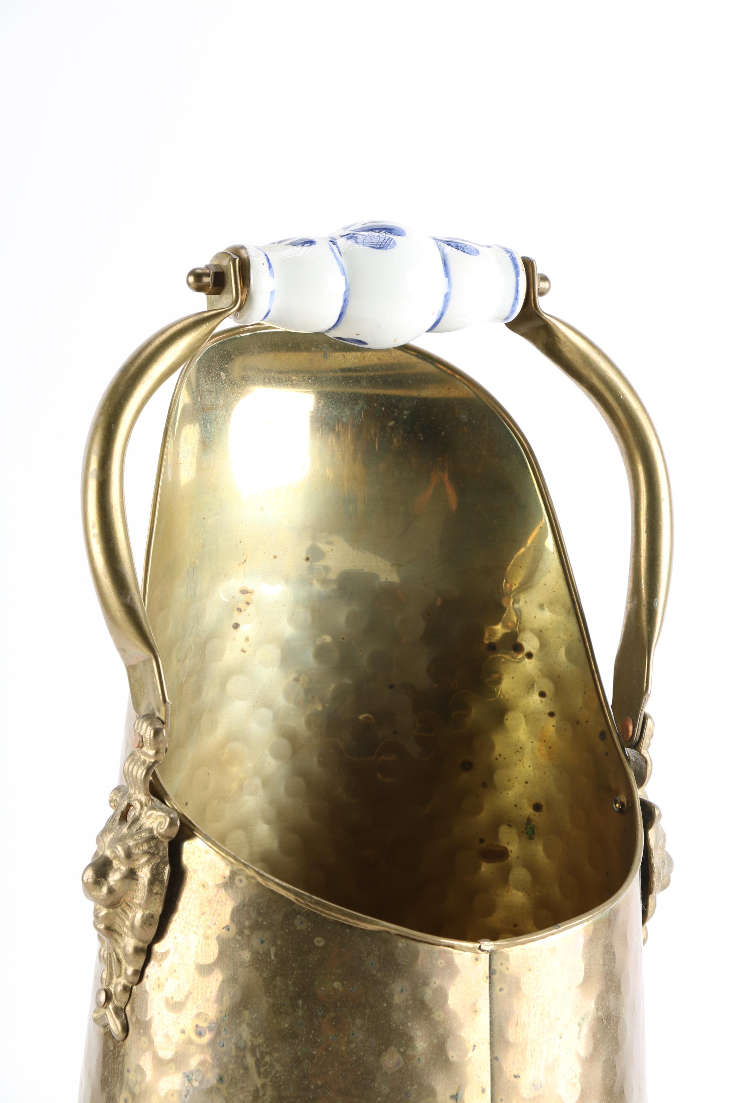 Nijhof Hammered Brass Coal Scuttle With Enameled Handles