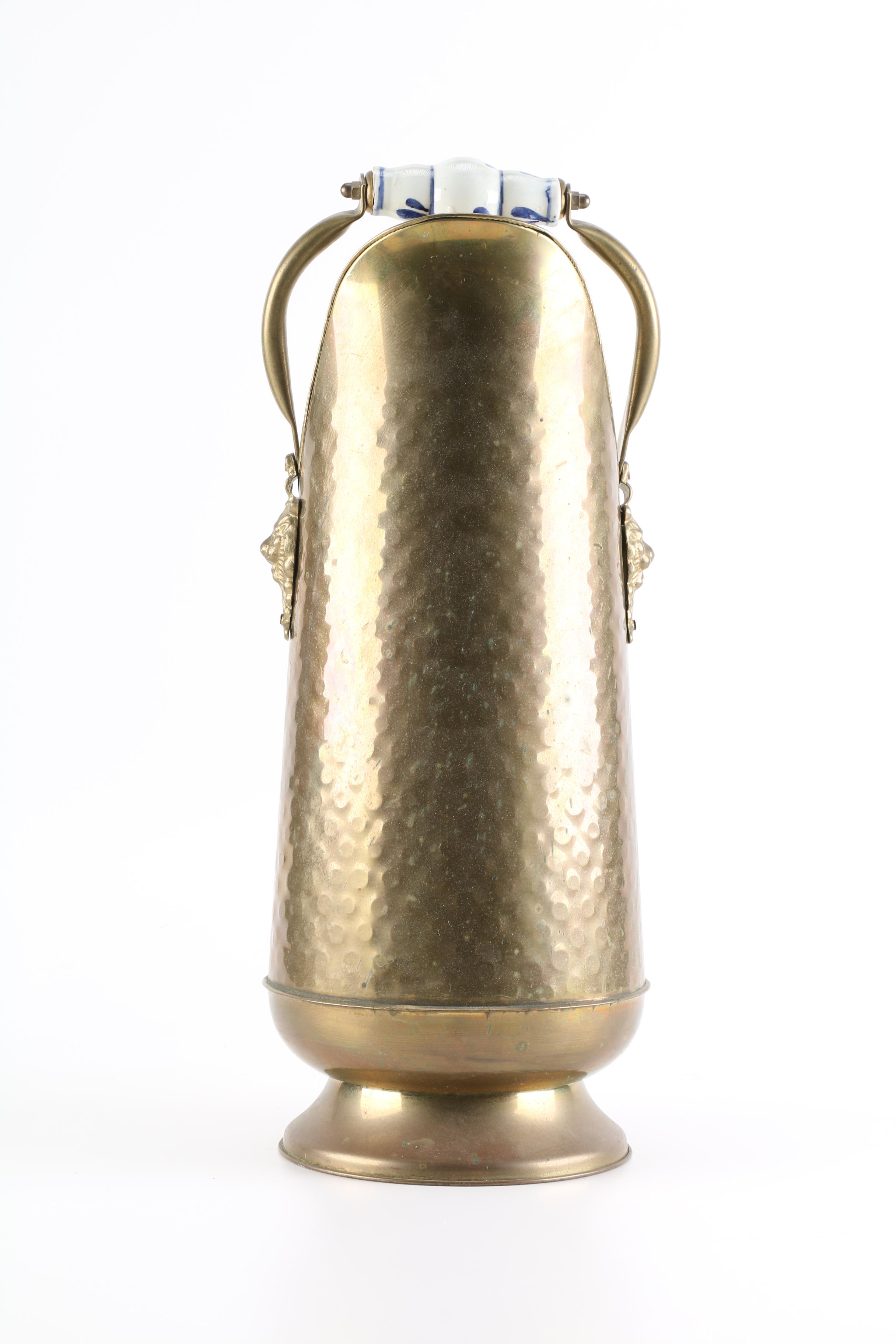 Nijhof Hammered Brass Coal Scuttle With Enameled Handles