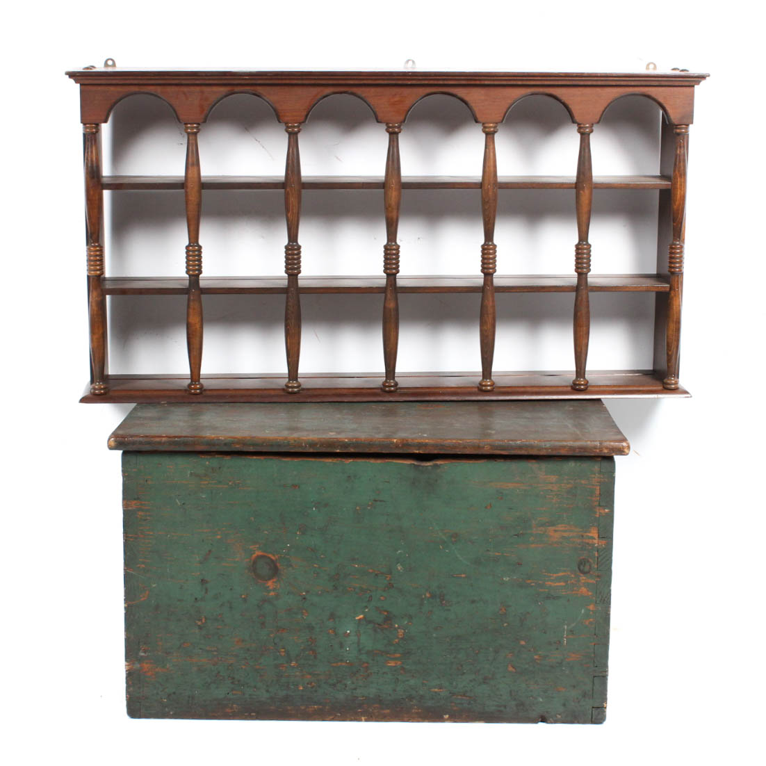 Primitive Painted Pine Chest and Cornwall Display Shelf