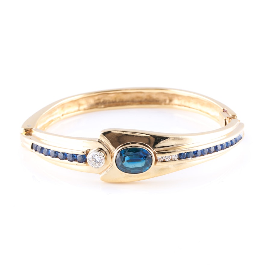 14K Gold Hinge Bracelet With Blue Sapphire and Diamonds